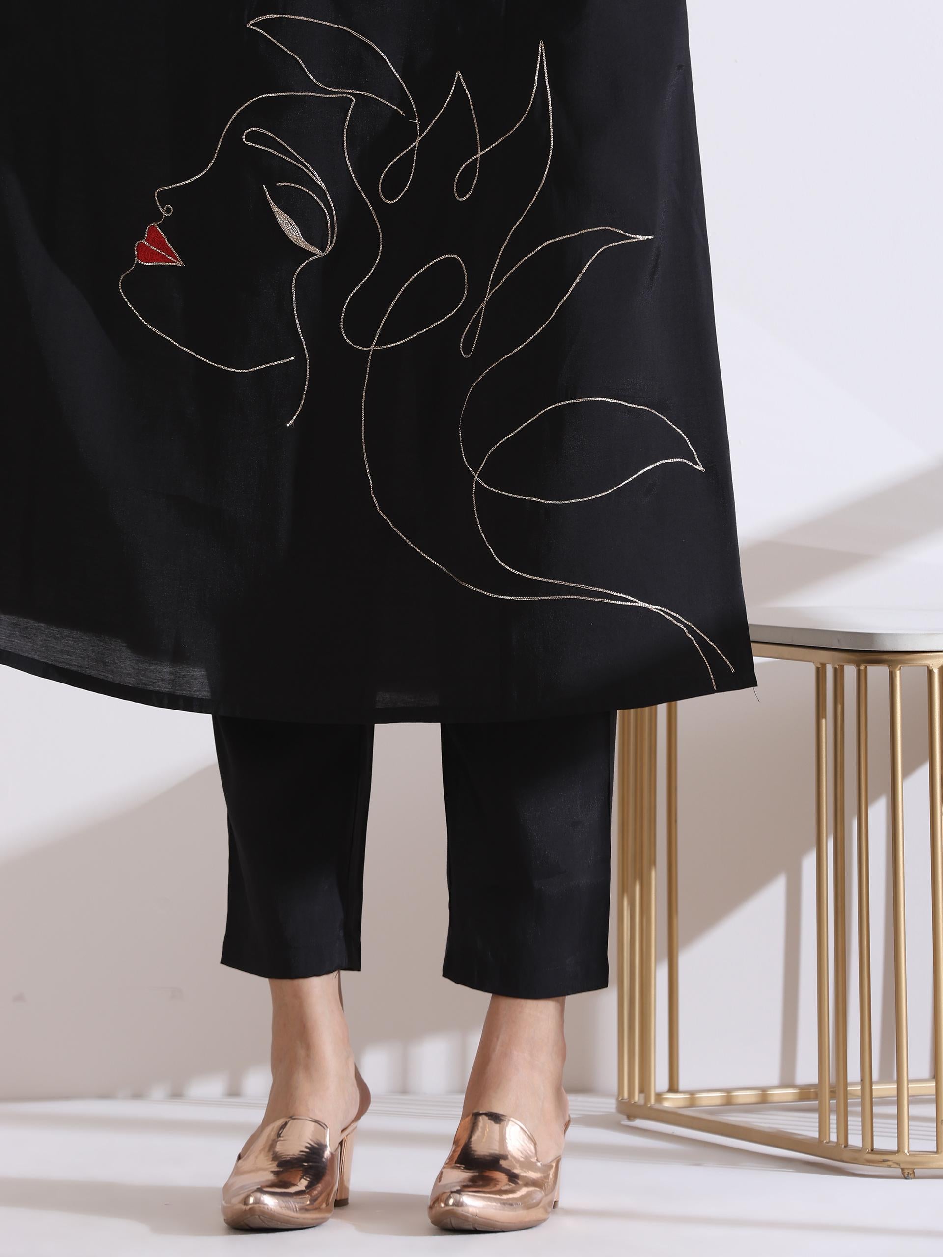 Women's Black Kurta with Girl Embroidery and Pants 2 Piece Set | A-Line, V Neck, 3/4 Sleeves, Work Wear, (AirSkin Cotton Silk Blend)