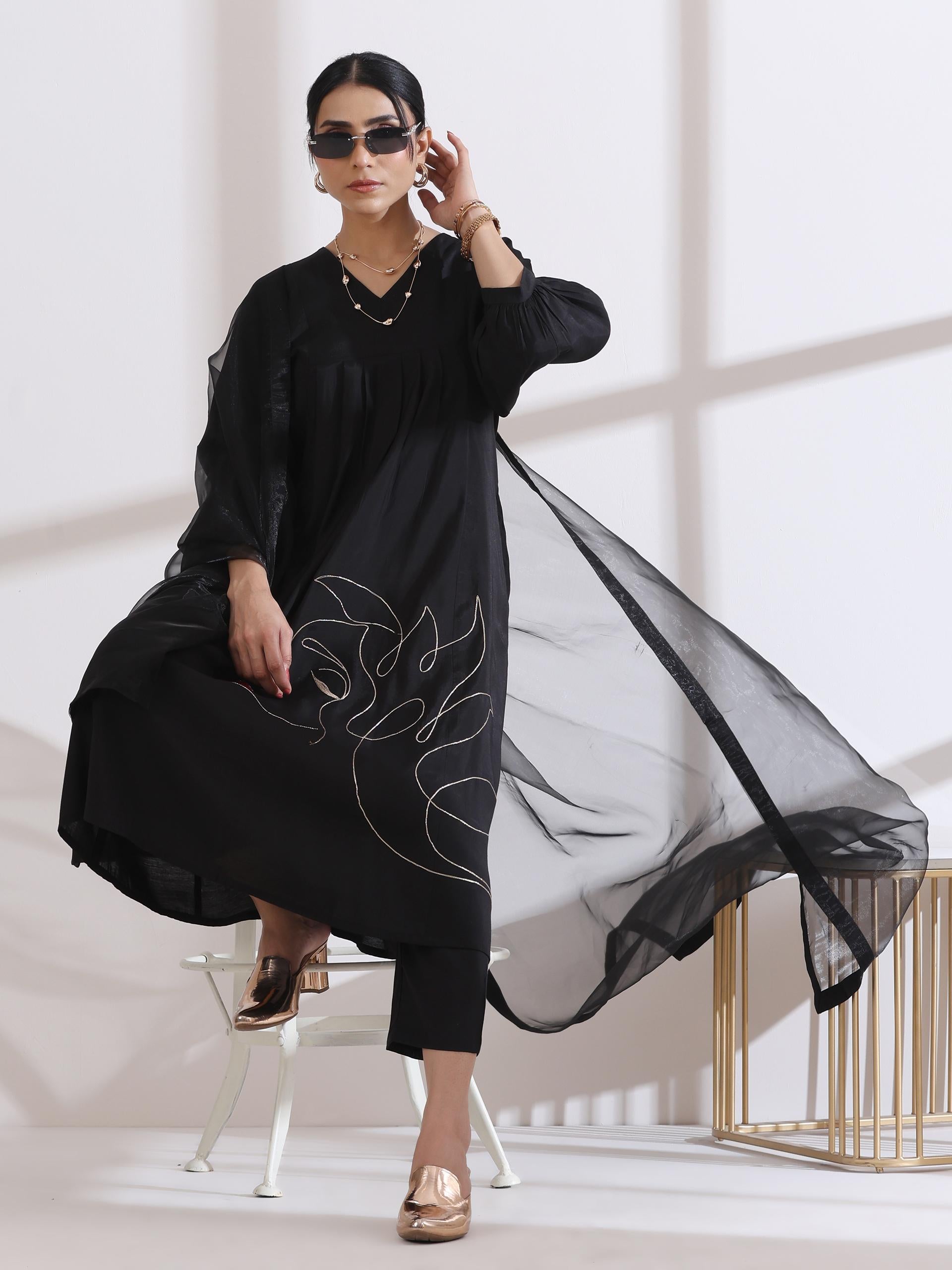 Women's Black Kurta with Girl Embroidery 1 Piece | Straight Fit, V Neck, 3/4 Sleeves, Work Wear, (AirSkin Cotton Silk Blend)