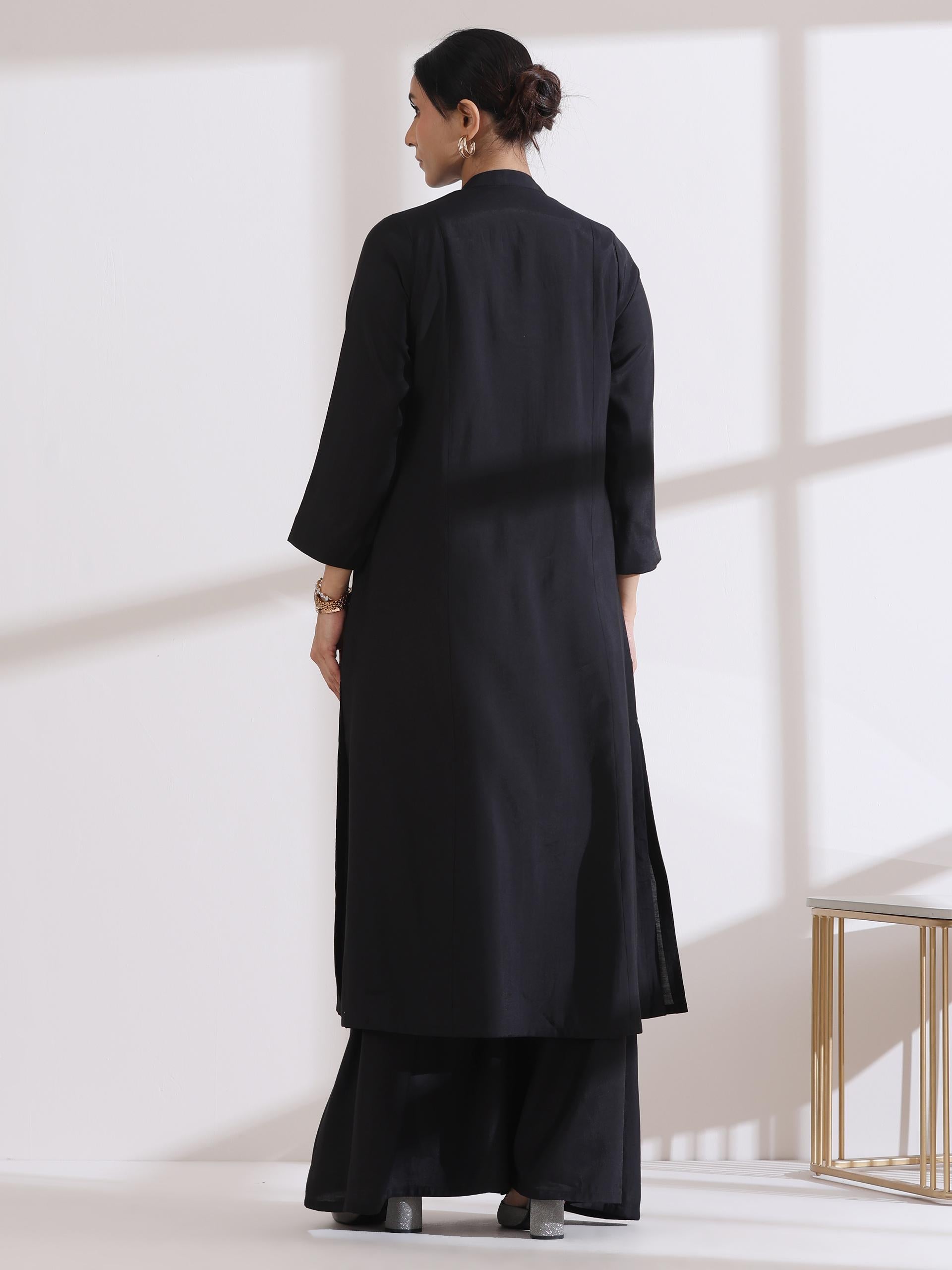 Women's Black Long Opening Kurta with Multi Beads and Black Palazzo 2 Piece Set | A-Line, Round Neck, 3/4 Sleeves, Partywear, Casual (AirSkin Cotton Silk Blend)