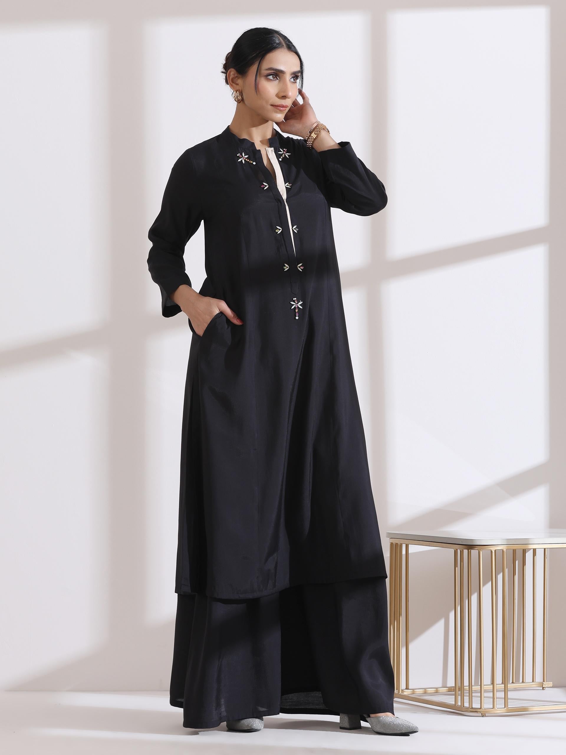 Women's Black Long Opening Kurta with Multi Beads and Black Palazzo 2 Piece Set | A-Line, Round Neck, 3/4 Sleeves, Partywear, Casual (AirSkin Cotton Silk Blend)