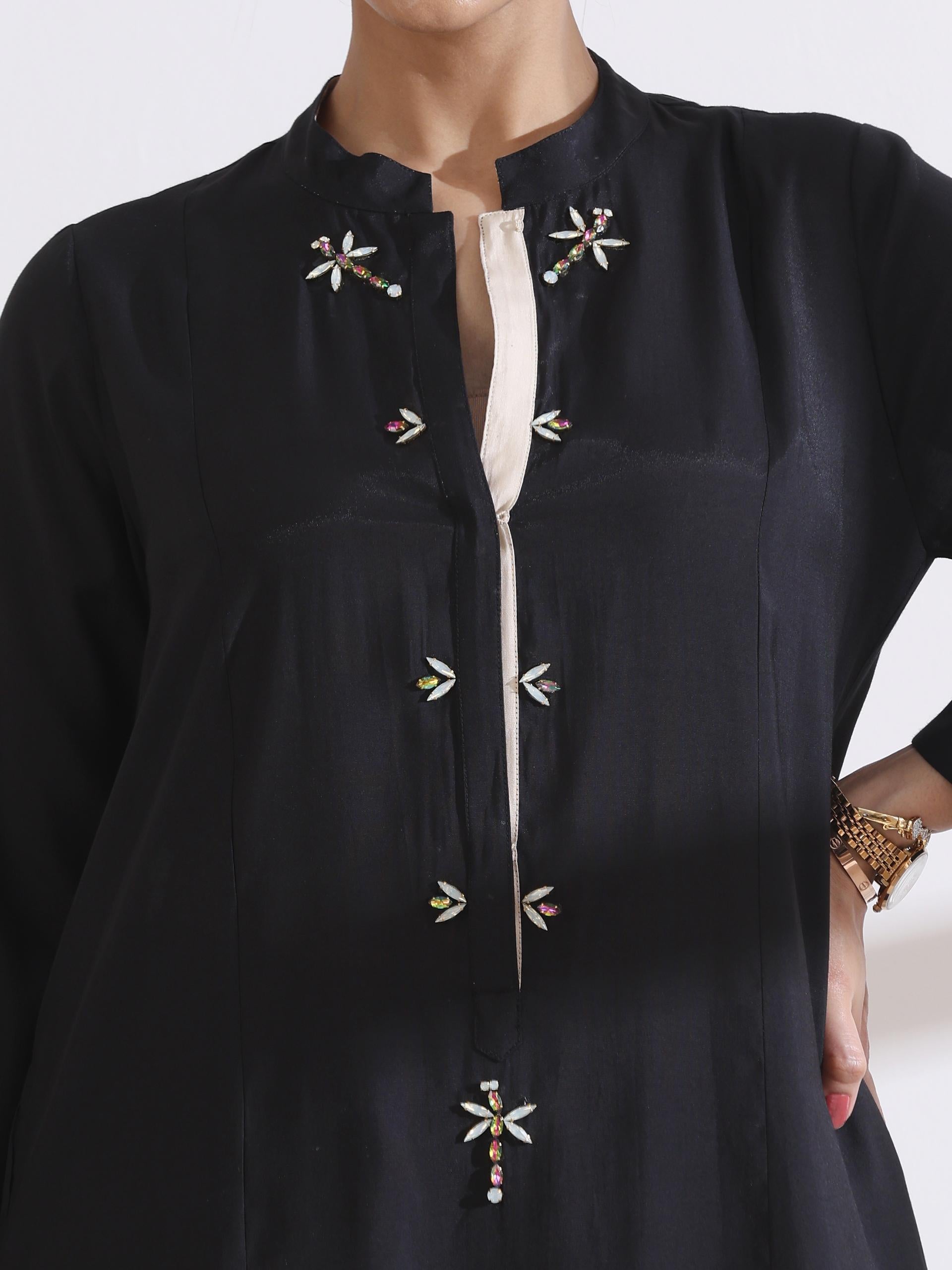Women's Black Long Opening Kurta with Multi Beads and Black Palazzo 2 Piece Set | A-Line, Round Neck, 3/4 Sleeves, Partywear, Casual (AirSkin Cotton Silk Blend)