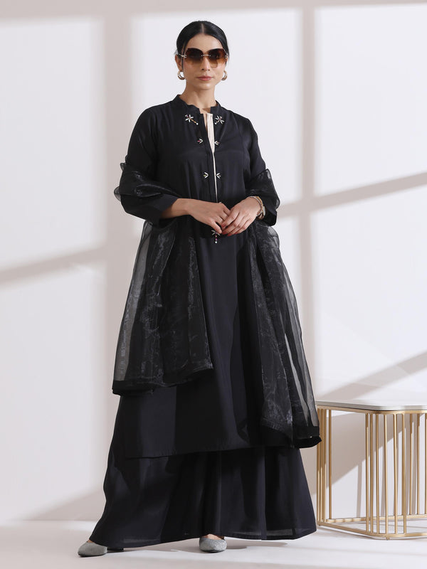 Women's Black Long Opening Kurta with Multi Beads and Black Palazzo 2 Piece Set | A-Line, Round Neck, 3/4 Sleeves, Partywear, Casual (AirSkin Cotton Silk Blend)