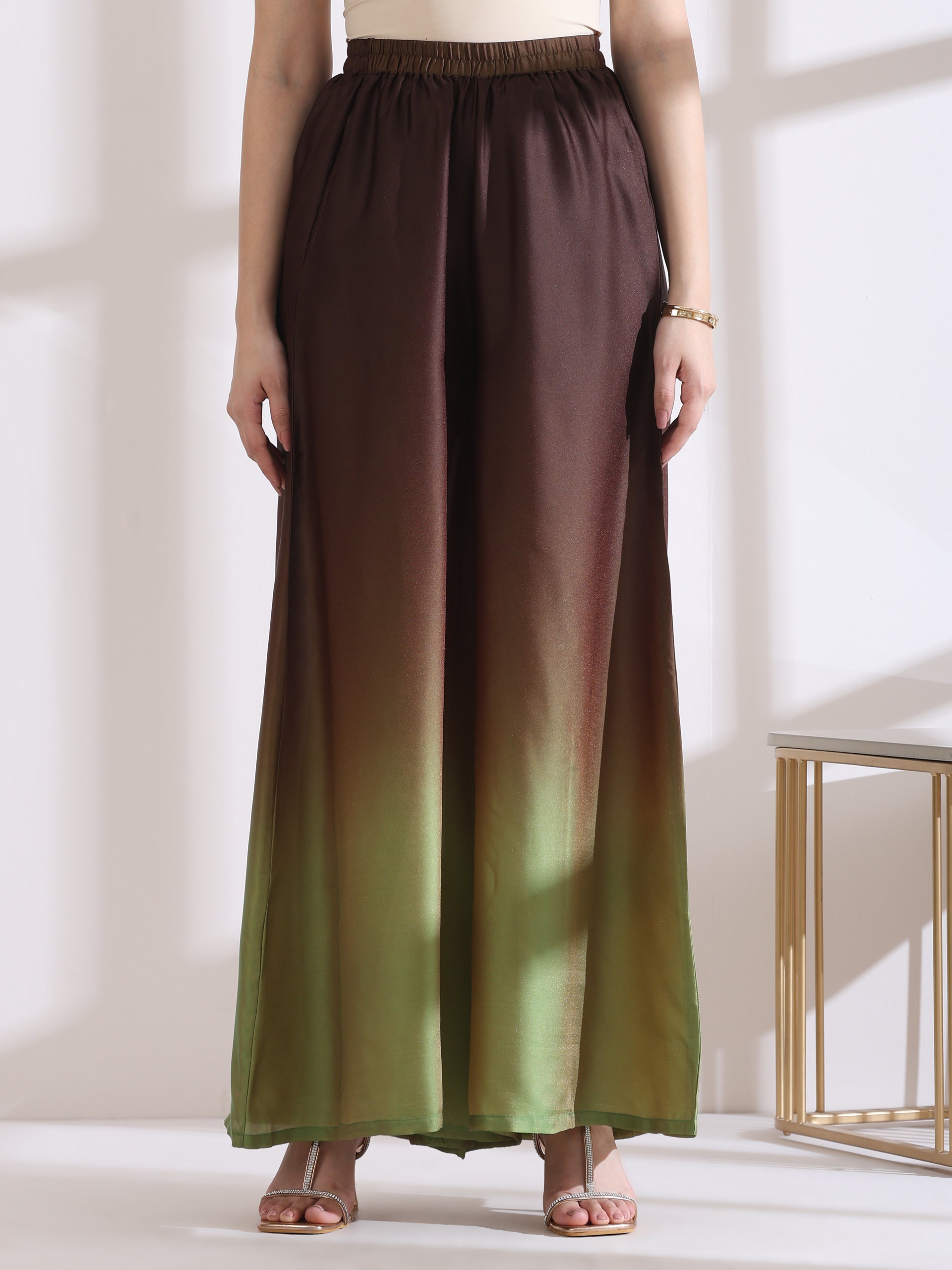 Women's Chocolate Green Chiffon Ombre Satin Kurta with Beads and Palazzo Pants 2 Piece Set | A-Line, Halter Neck, Sleeveless, Partywear, (Chiffon Satin)