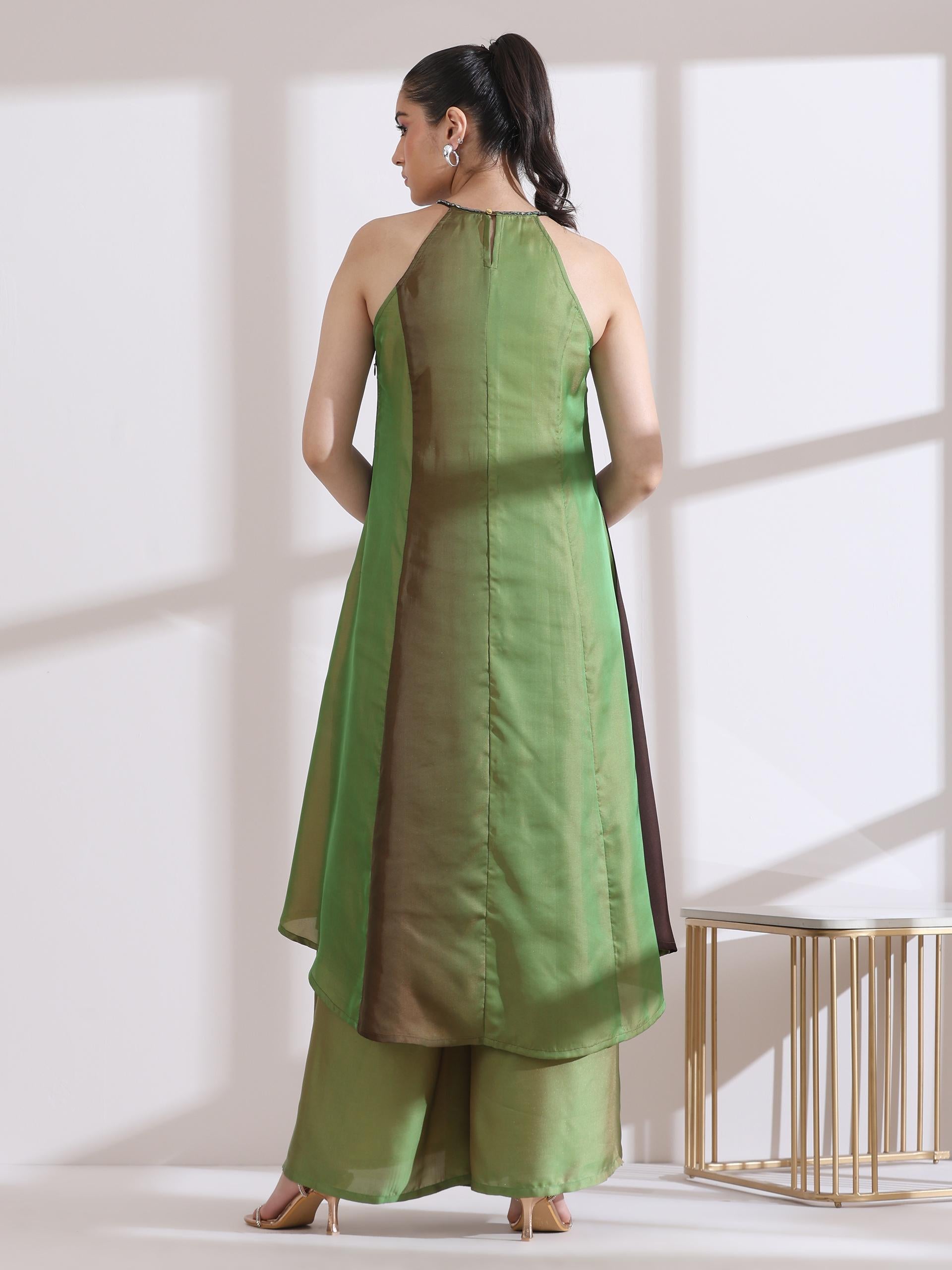Women's Chocolate Green Chiffon Ombre Satin Kurta with Beads and Palazzo Pants 2 Piece Set | A-Line, Halter Neck, Sleeveless, Partywear, (Chiffon Satin)