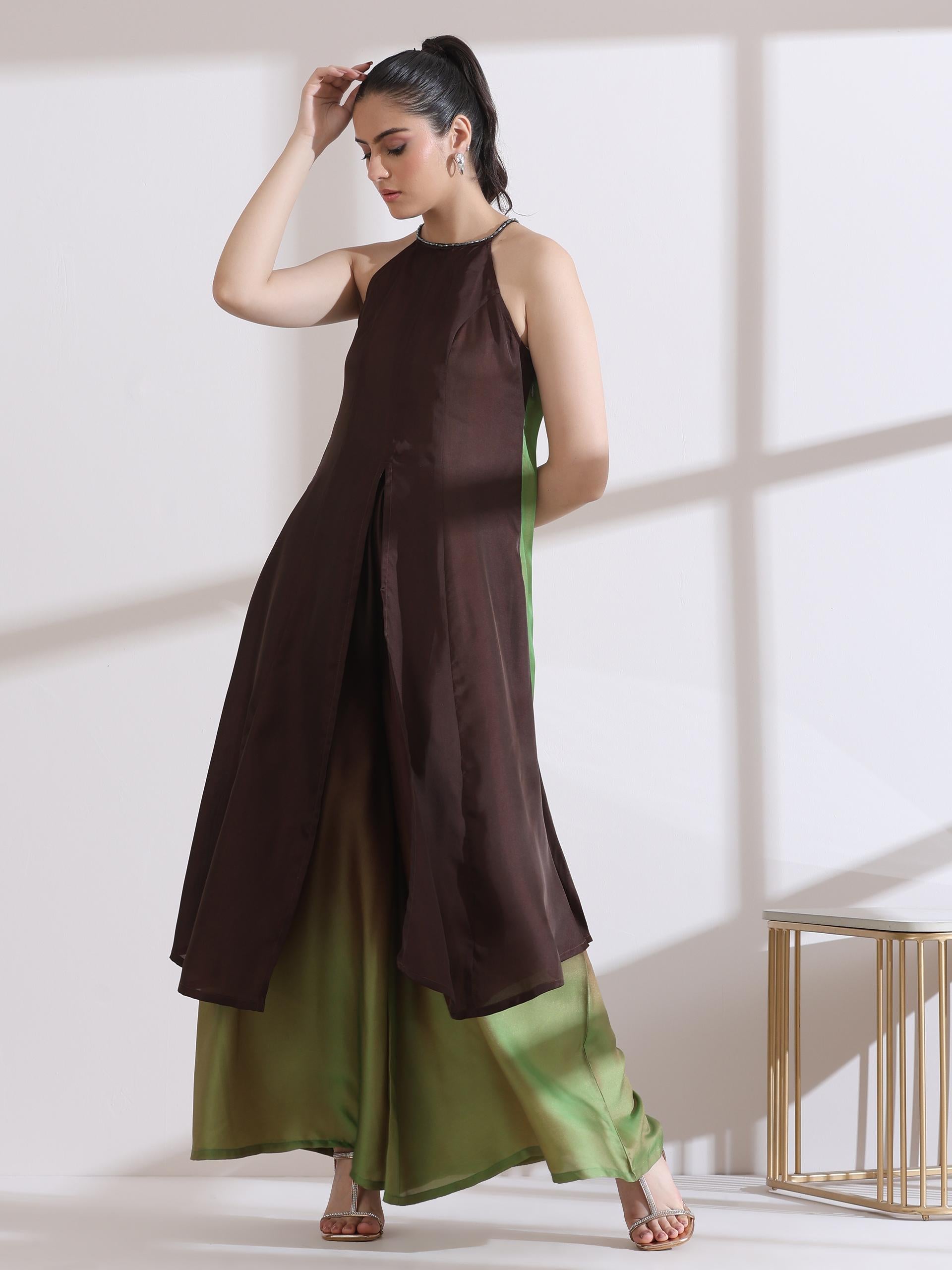Women's Chocolate Green Chiffon Ombre Satin Kurta with Beads and Palazzo Pants 2 Piece Set | A-Line, Halter Neck, Sleeveless, Partywear, (Chiffon Satin)