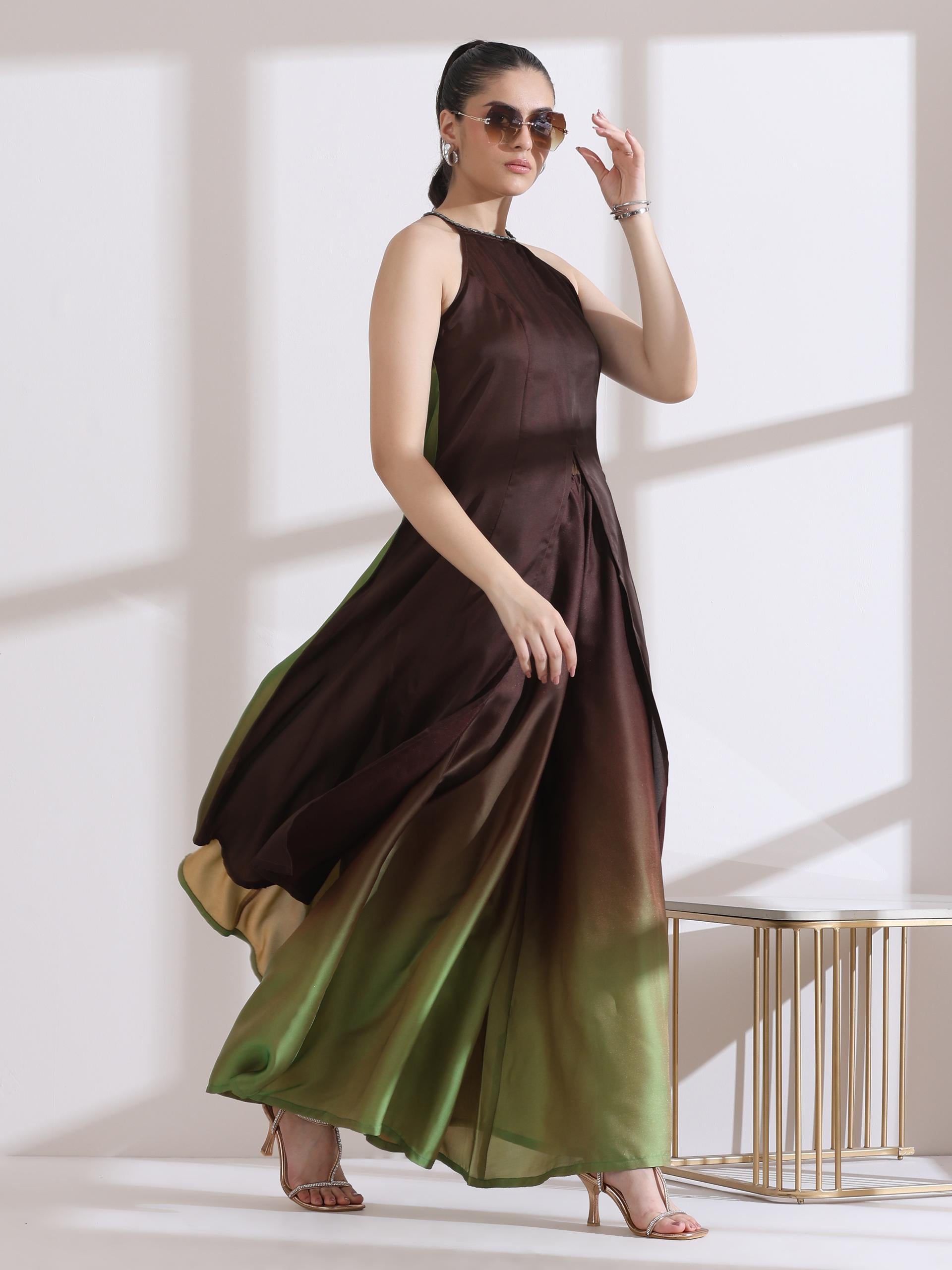 Women's Chocolate Green Chiffon Ombre Satin Kurta with Beads and Palazzo Pants 2 Piece Set | A-Line, Halter Neck, Sleeveless, Partywear, (Chiffon Satin)