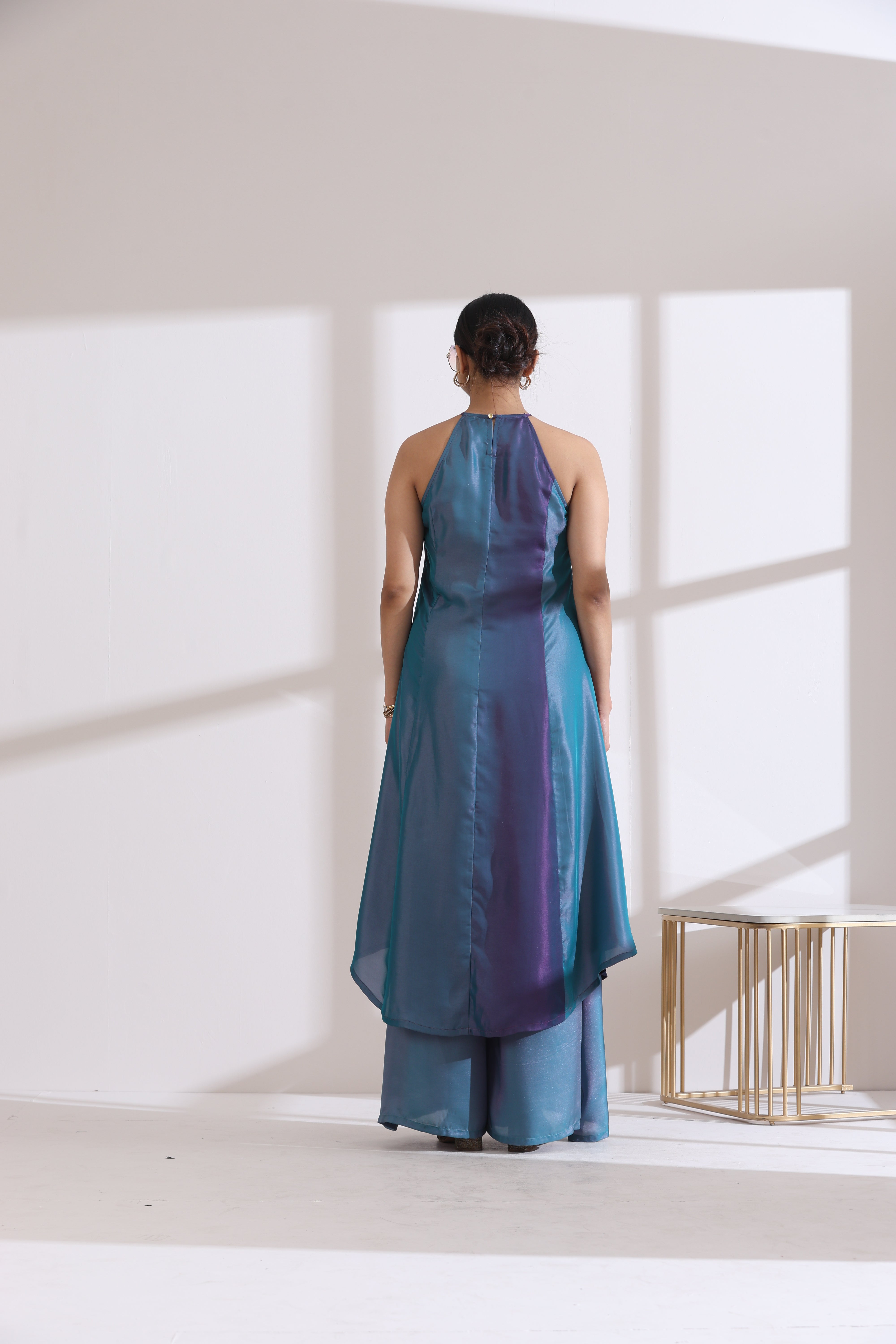 Women's Rarity Chiffon Satin Ombre Halter Kurta with Beads and Palazzo Pants 2 Piece Set | Straight Fit, Halter Neck, Sleeveless, Partywear, (Chiffon Satin)