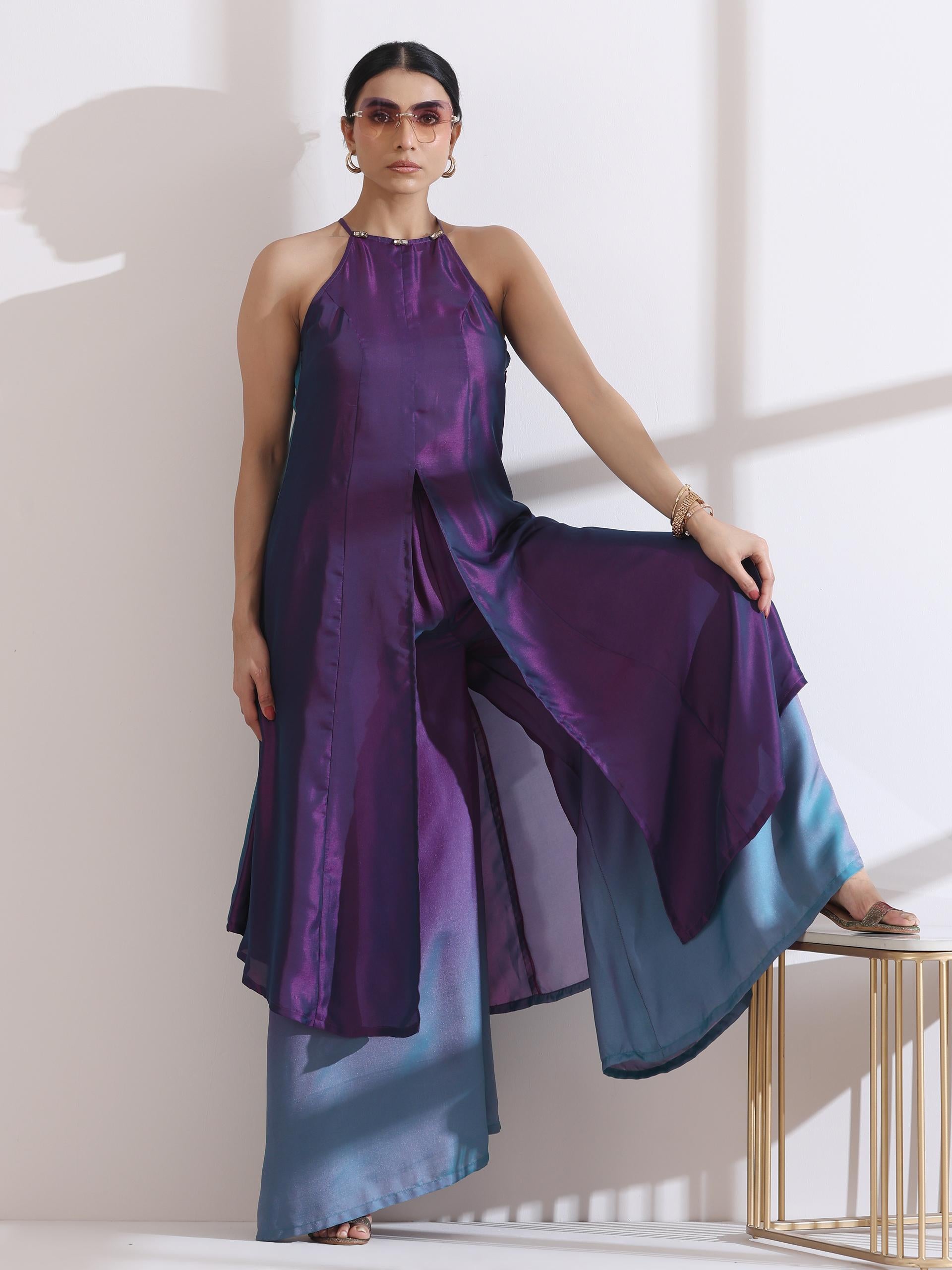 Women's Rarity Chiffon Satin Ombre Halter Kurta with Beads and Palazzo Pants 2 Piece Set | Straight Fit, Halter Neck, Sleeveless, Partywear, (Chiffon Satin)