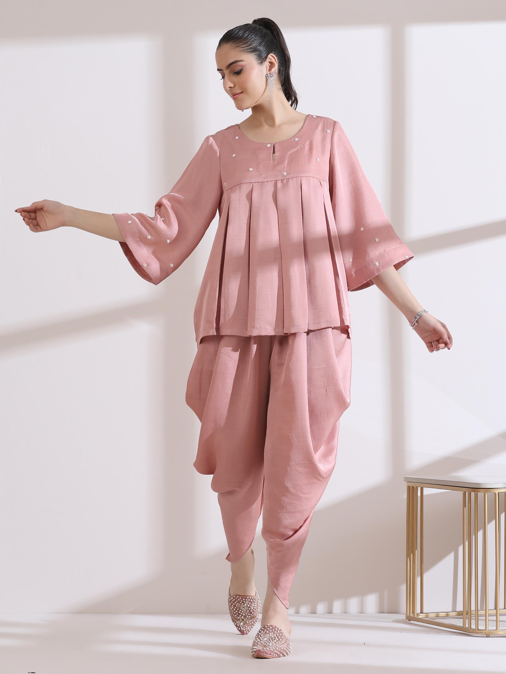 Women's Pleated Pink Peplum Top with Beads and Dhoti Pants 2 Piece Set | Peplum, Round Neck, 3/4 Sleeves, Festive Wear, Partywear (Lux Fabric)