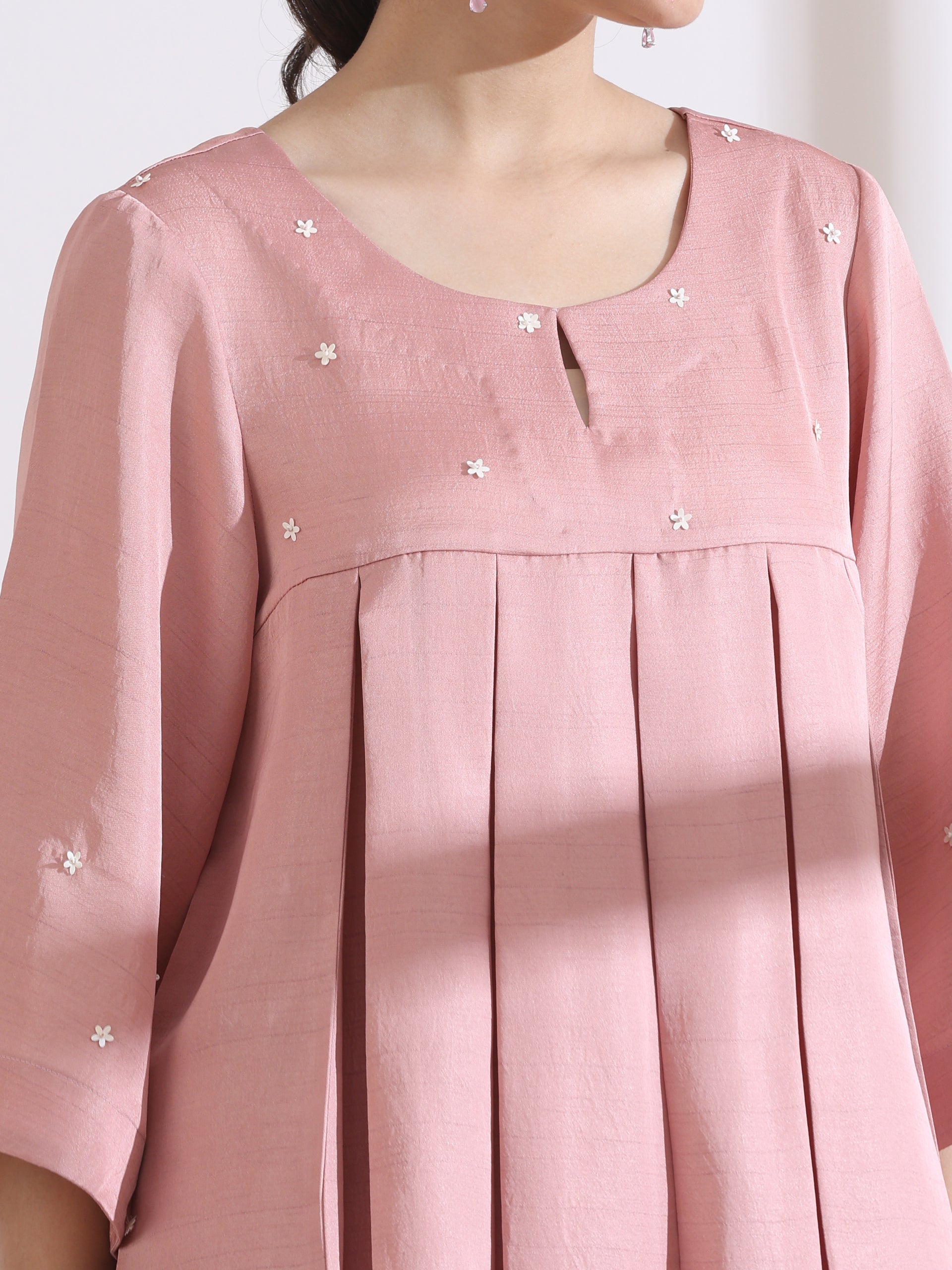 Women's Pleated Pink Peplum Top with Beads and Dhoti Pants 2 Piece Set | Peplum, Round Neck, 3/4 Sleeves, Festive Wear, Partywear (Lux Fabric)