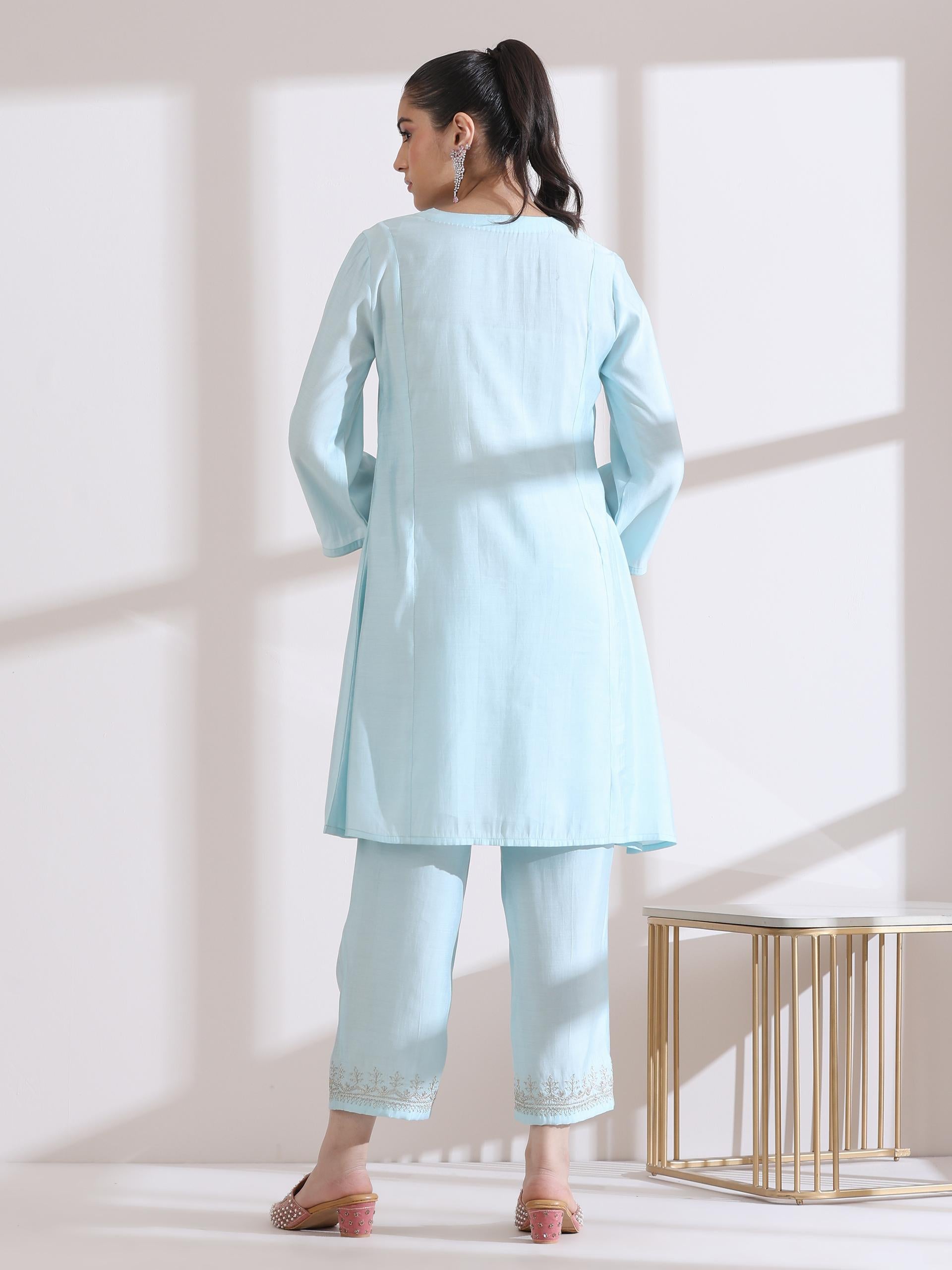 Women's Light Blue Kurta with Embroidery on Top and Pants 2 Piece Set | A-Line, Round Neck, 3/4 Sleeves, Work Wear, Casual (AirSkin Cotton Silk Blend)