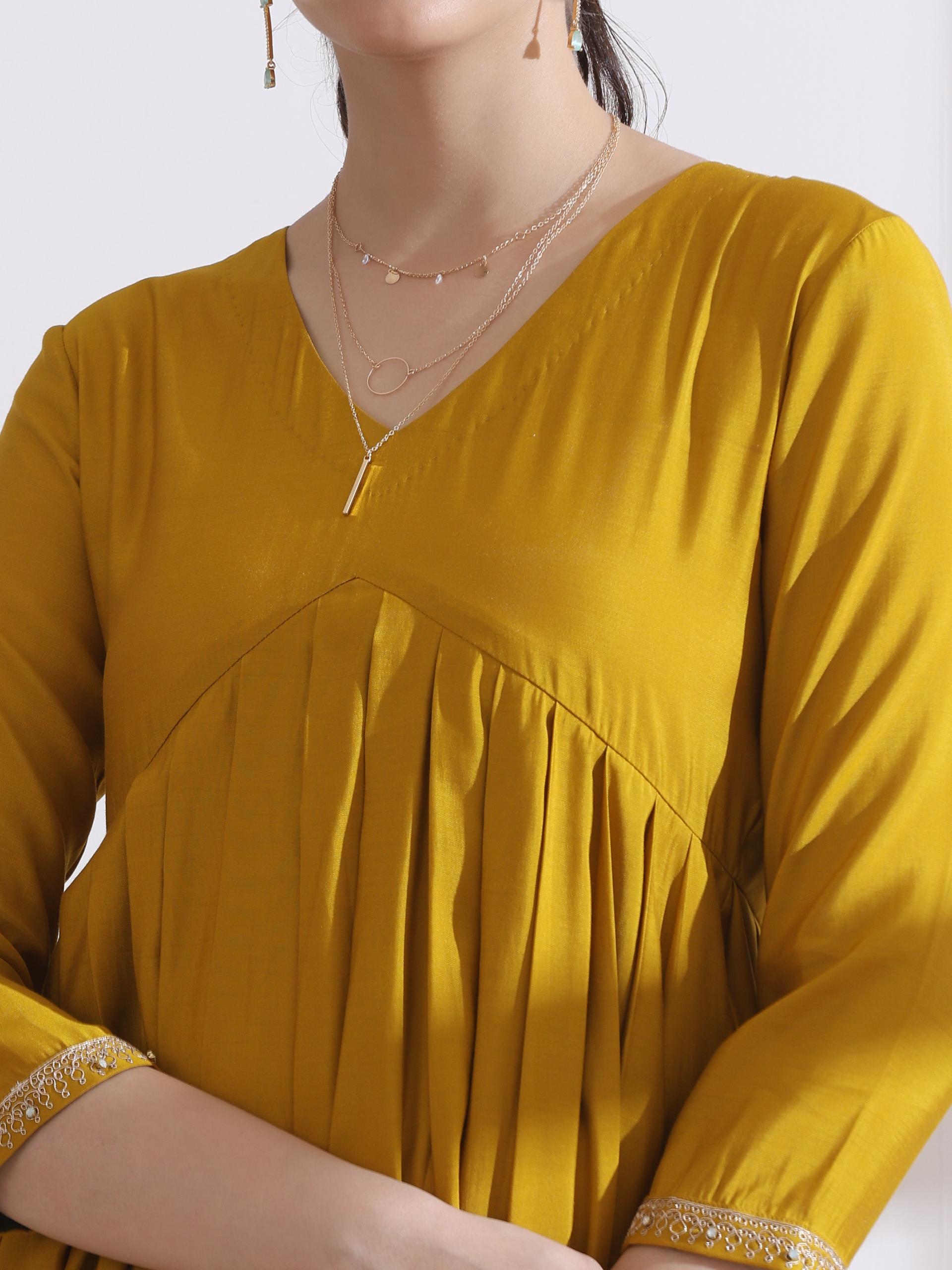 Women's Mustard Kurta with Embroidery on Sleeve and Pants 2 Piece Set | A-Line, Anarkali, V Neck, 3/4 Sleeves, Work Wear, (AirSkin Cotton Silk Blend)