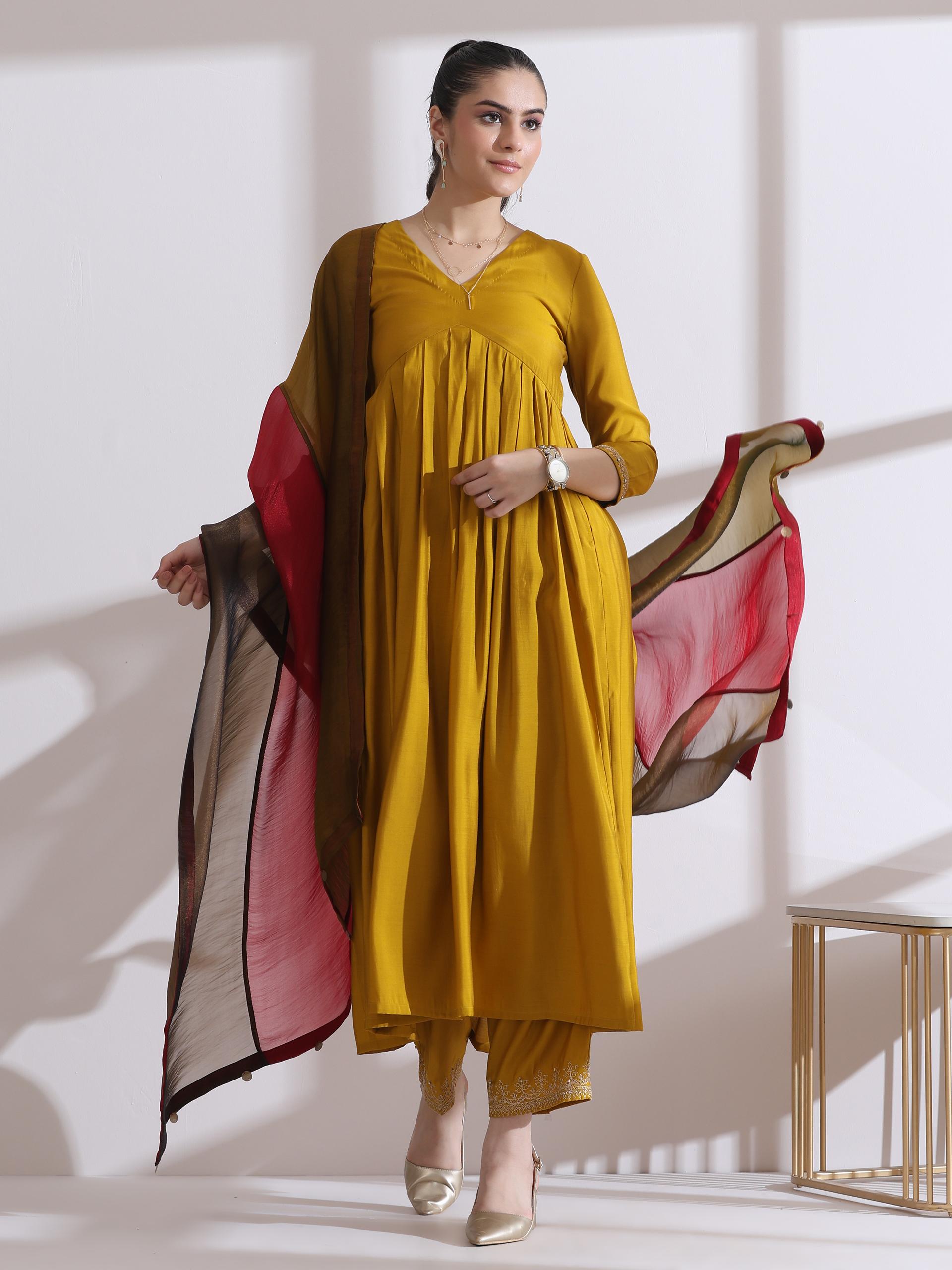 Women's Mustard Kurta with Embroidery on Sleeve and Pants 2 Piece Set | A-Line, Anarkali, V Neck, 3/4 Sleeves, Work Wear, (AirSkin Cotton Silk Blend)