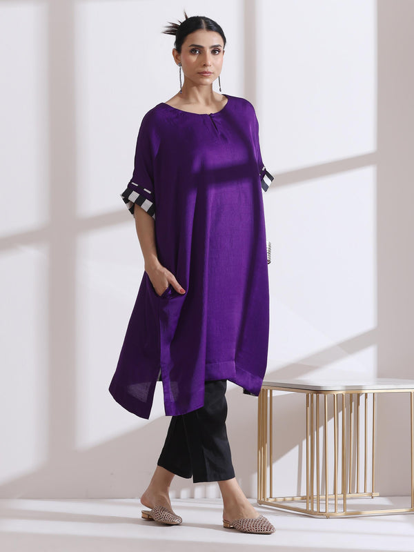 Women's Purple Easy Kurta with Chevron Inner Details 1 Piece | Straight Fit, Round Neck, 3/4 Sleeves, Workwear, (Lux Fabric)