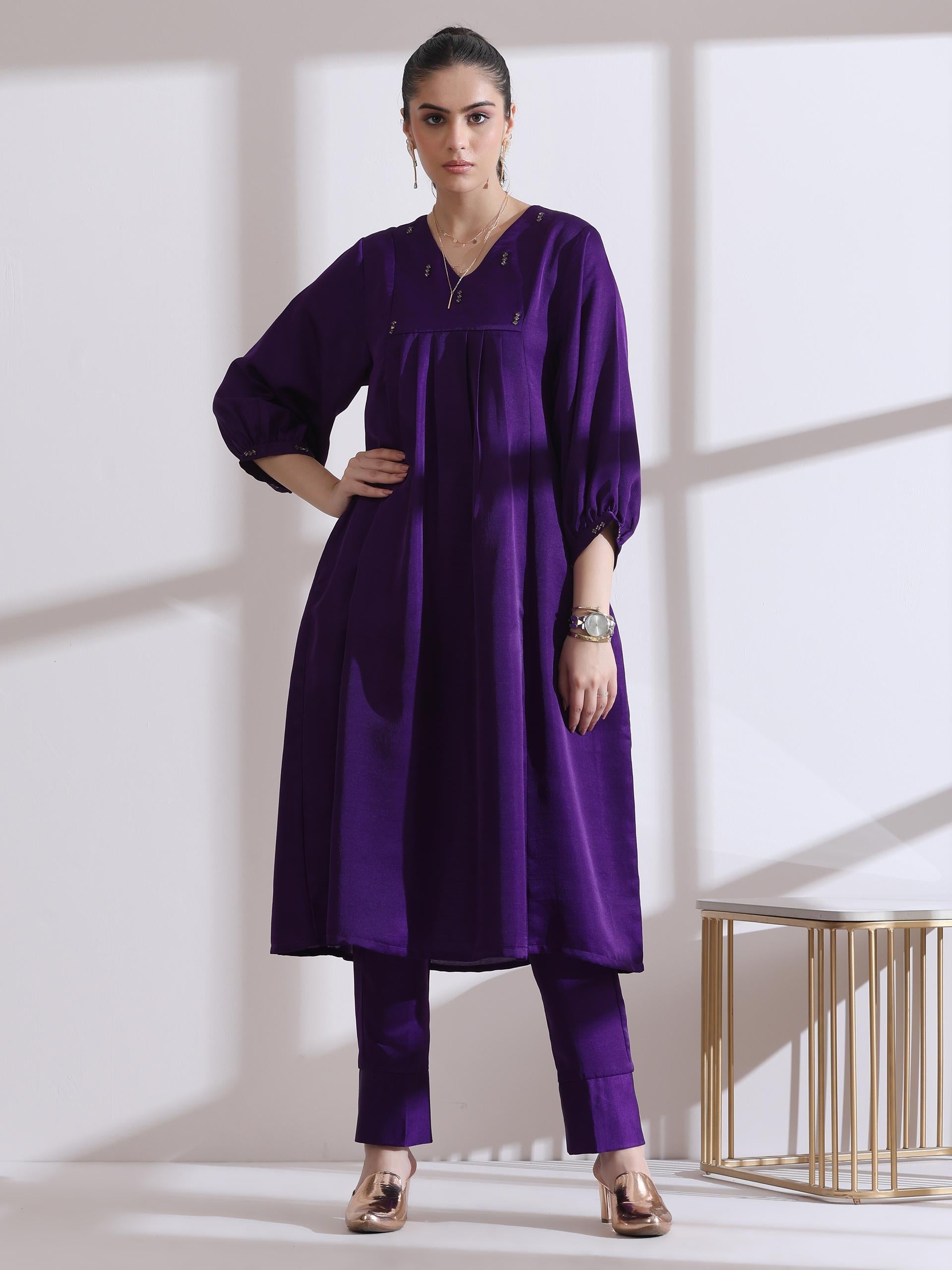 Women's Purple Beaded Kurta with Pants 2 Piece Set | Straight Fit, V Neck, 3/4 Sleeves, Pants, Work Wear, Casual wear, (Lux Fabric)
