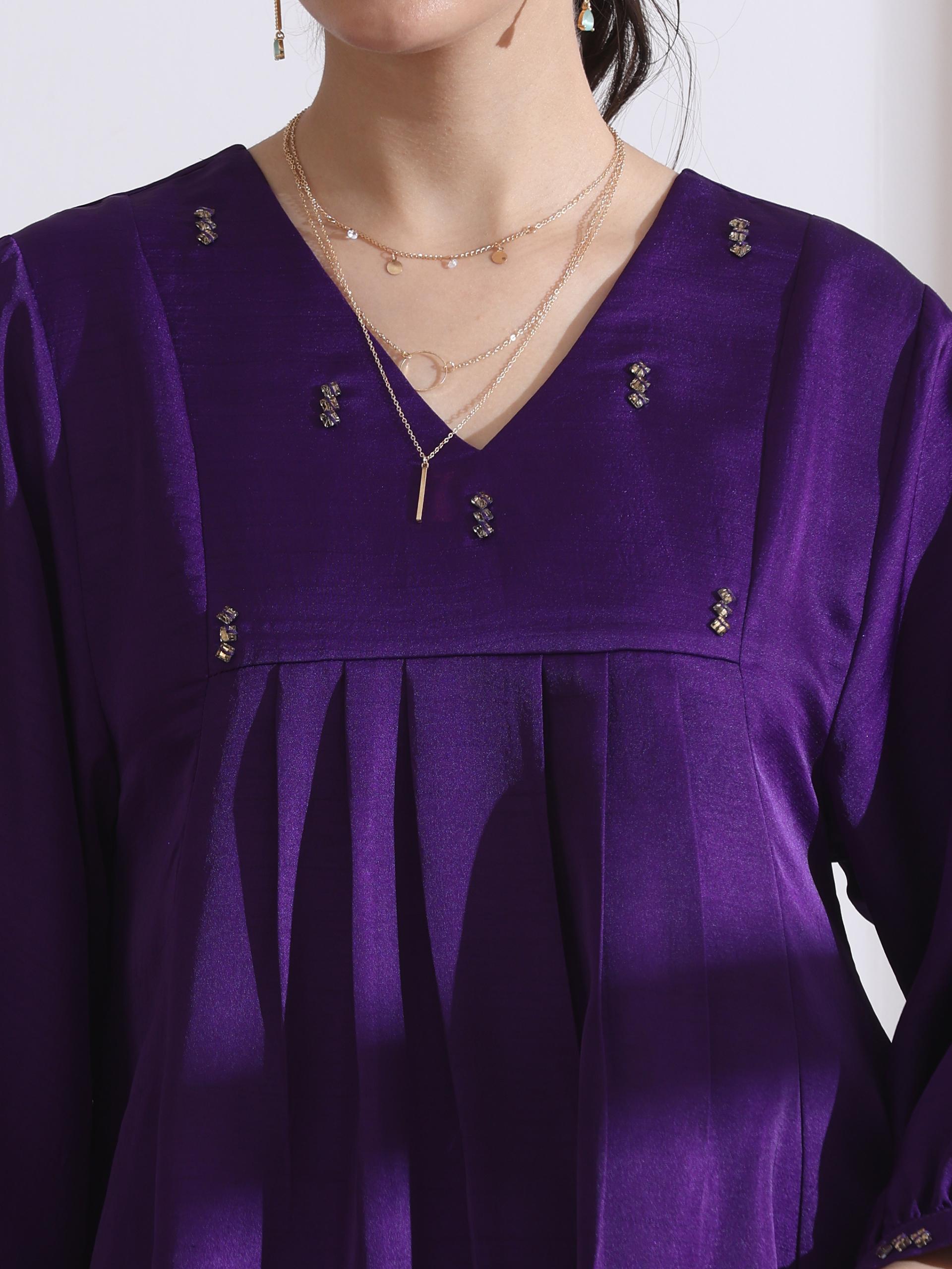 Women's Purple Beaded Kurta with Pants 2 Piece Set | Straight Fit, V Neck, 3/4 Sleeves, Pants, Work Wear, Casual wear, (Lux Fabric)