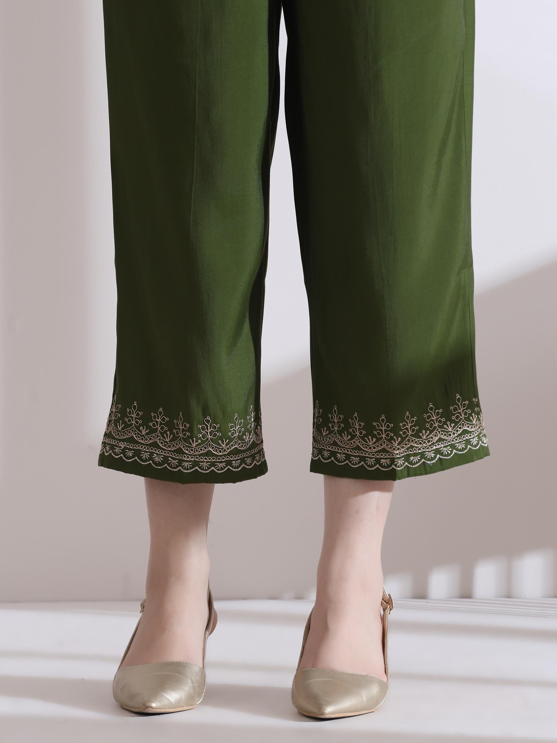 Women's Mehndi Green Kurta with Embroidery on Sleeve and Pants 2 Piece Set | A-Line, Anarkali, V Neck, 3/4 Sleeves, Work Wear, (AirSkin Cotton Silk Blend)