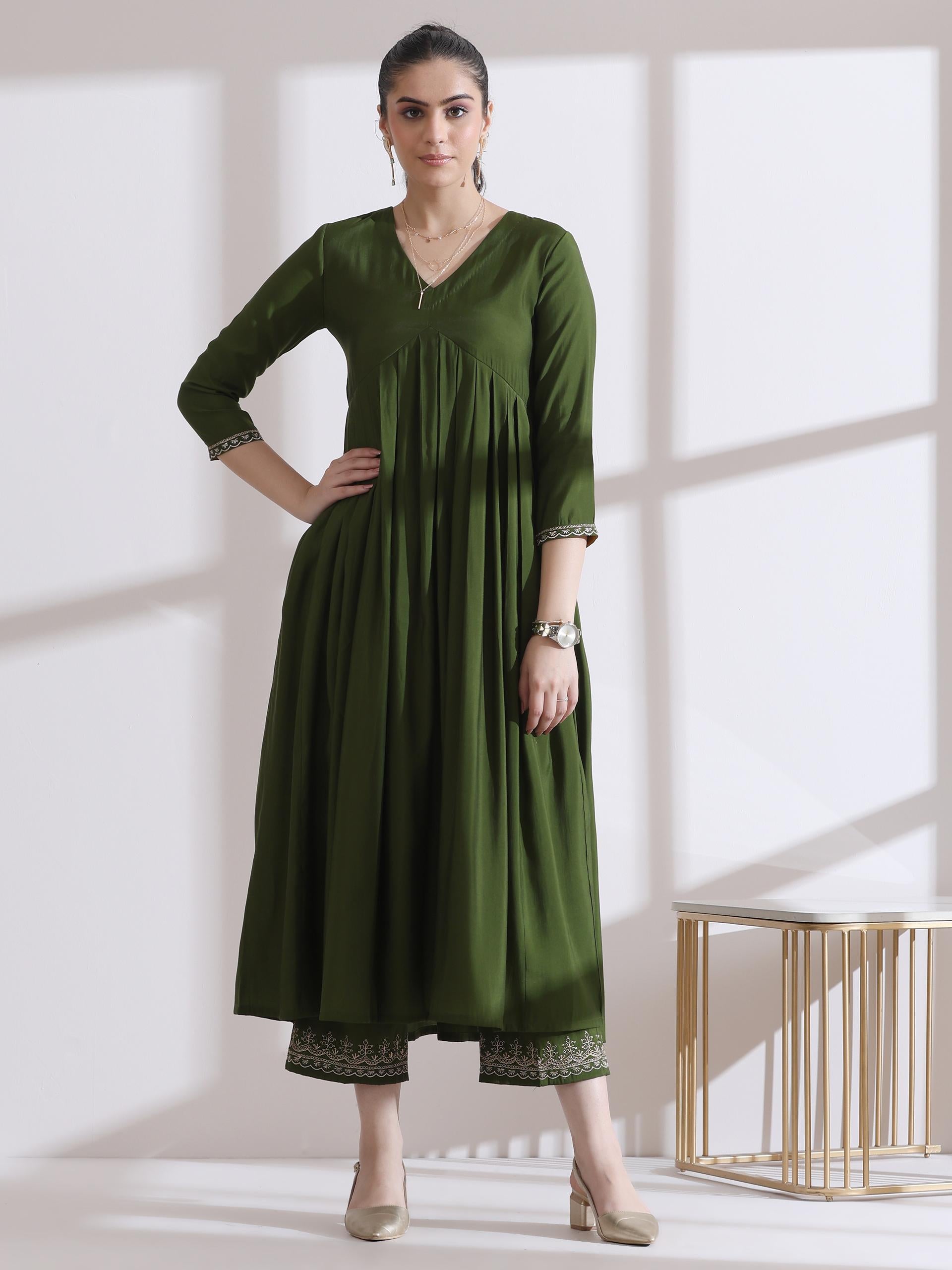 Women's Mehndi Green Kurta with Embroidery on Sleeve and Pants 2 Piece Set | A-Line, Anarkali, V Neck, 3/4 Sleeves, Work Wear, (AirSkin Cotton Silk Blend)
