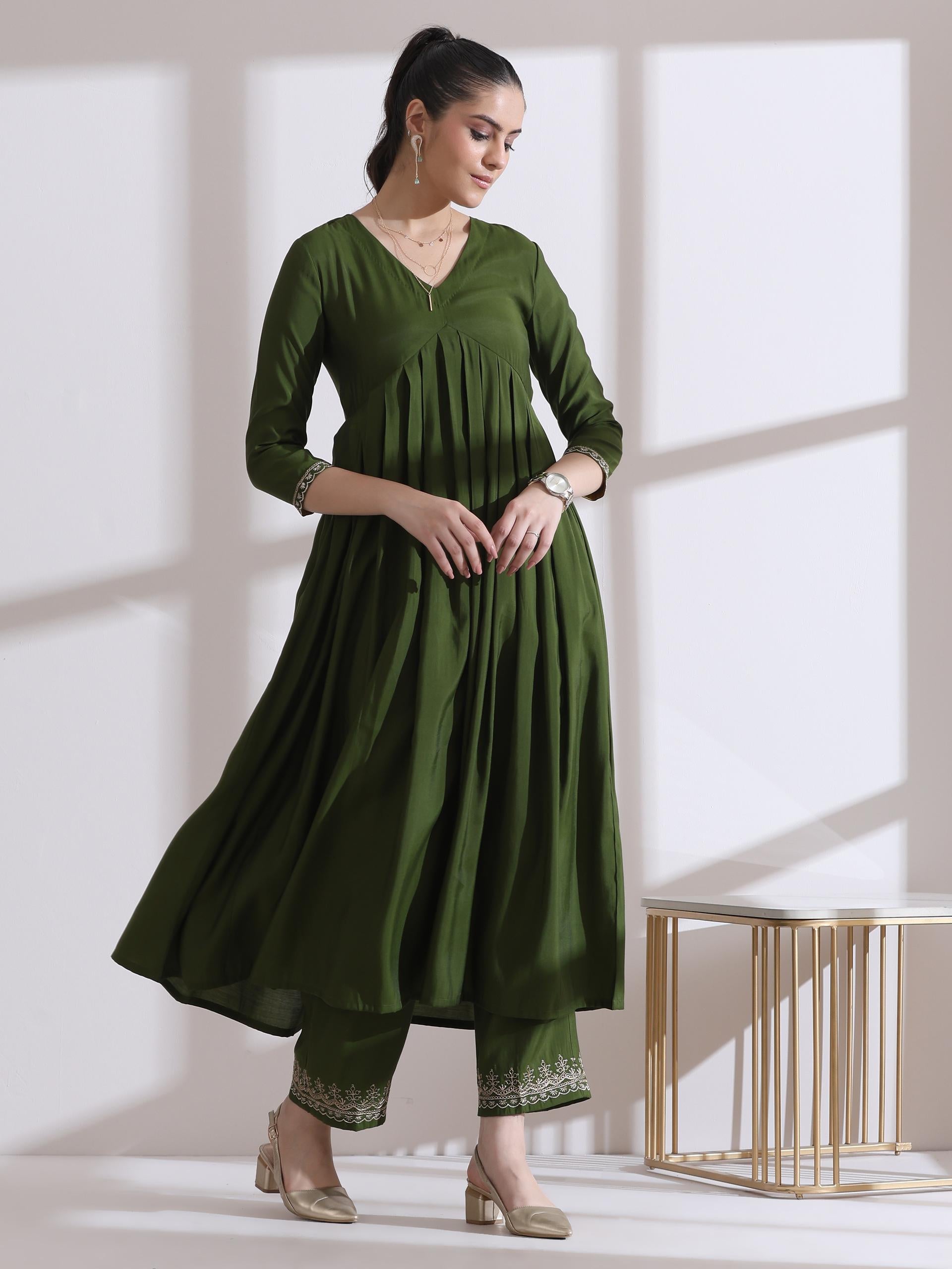 Women's Mehndi Green Kurta with Embroidery on Sleeve and Pants 2 Piece Set | A-Line, Anarkali, V Neck, 3/4 Sleeves, Work Wear, (AirSkin Cotton Silk Blend)