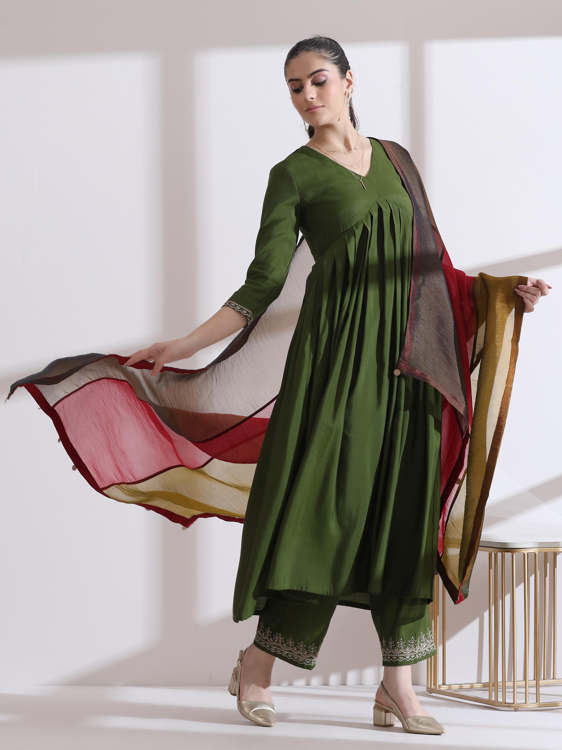 Women's Mehndi Green Kurta with Embroidery on Sleeve and Pants 2 Piece Set | A-Line, Anarkali, V Neck, 3/4 Sleeves, Work Wear, (AirSkin Cotton Silk Blend)