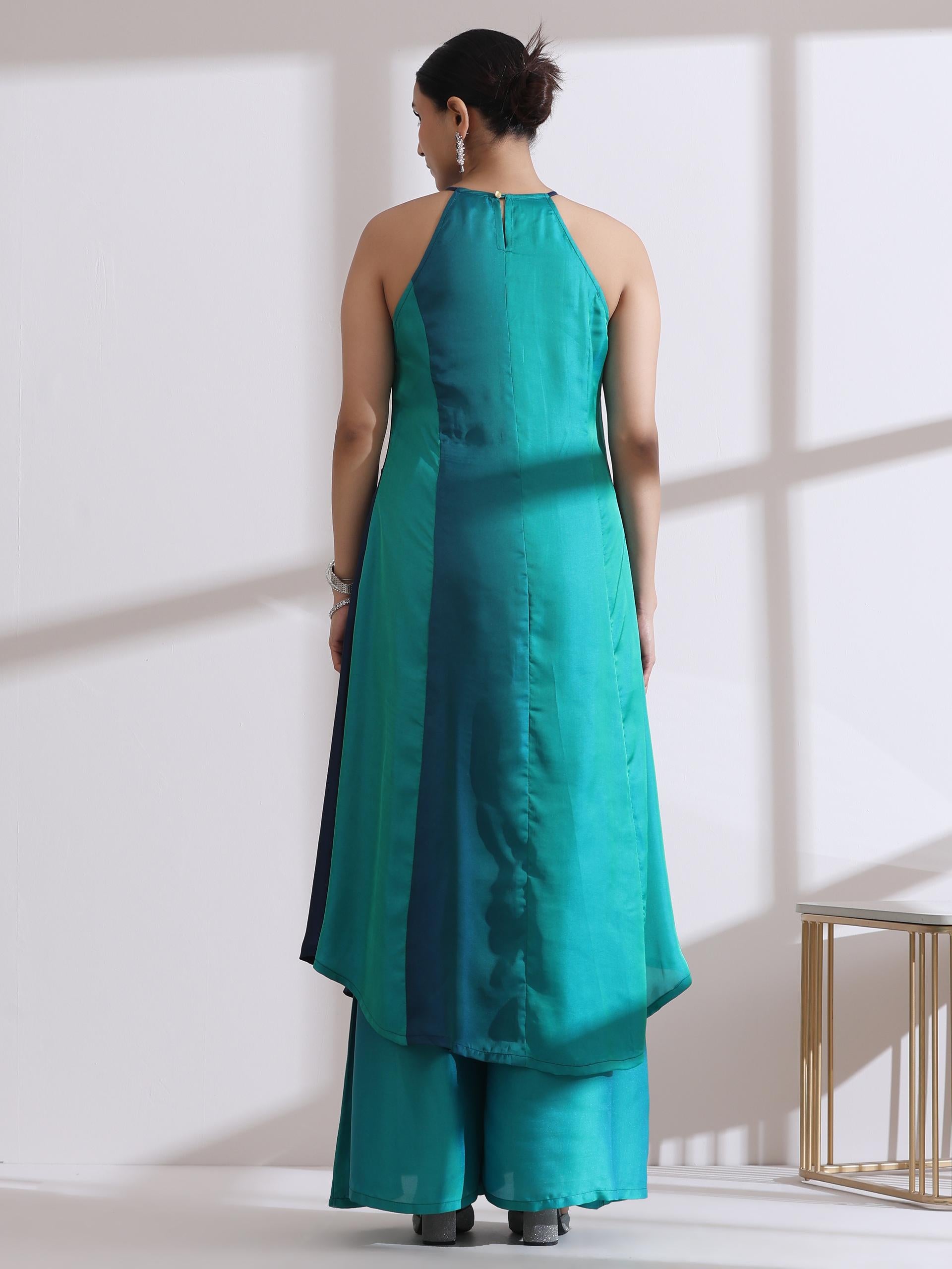 Women's Green Blue Chiffon Satin Ombre Halter Kurta with Beads and Palazzo Pants 2 Piece Set | Straight Fit, Halter Neck, Sleeveless, Festive Wear, (Chiffon Satin)