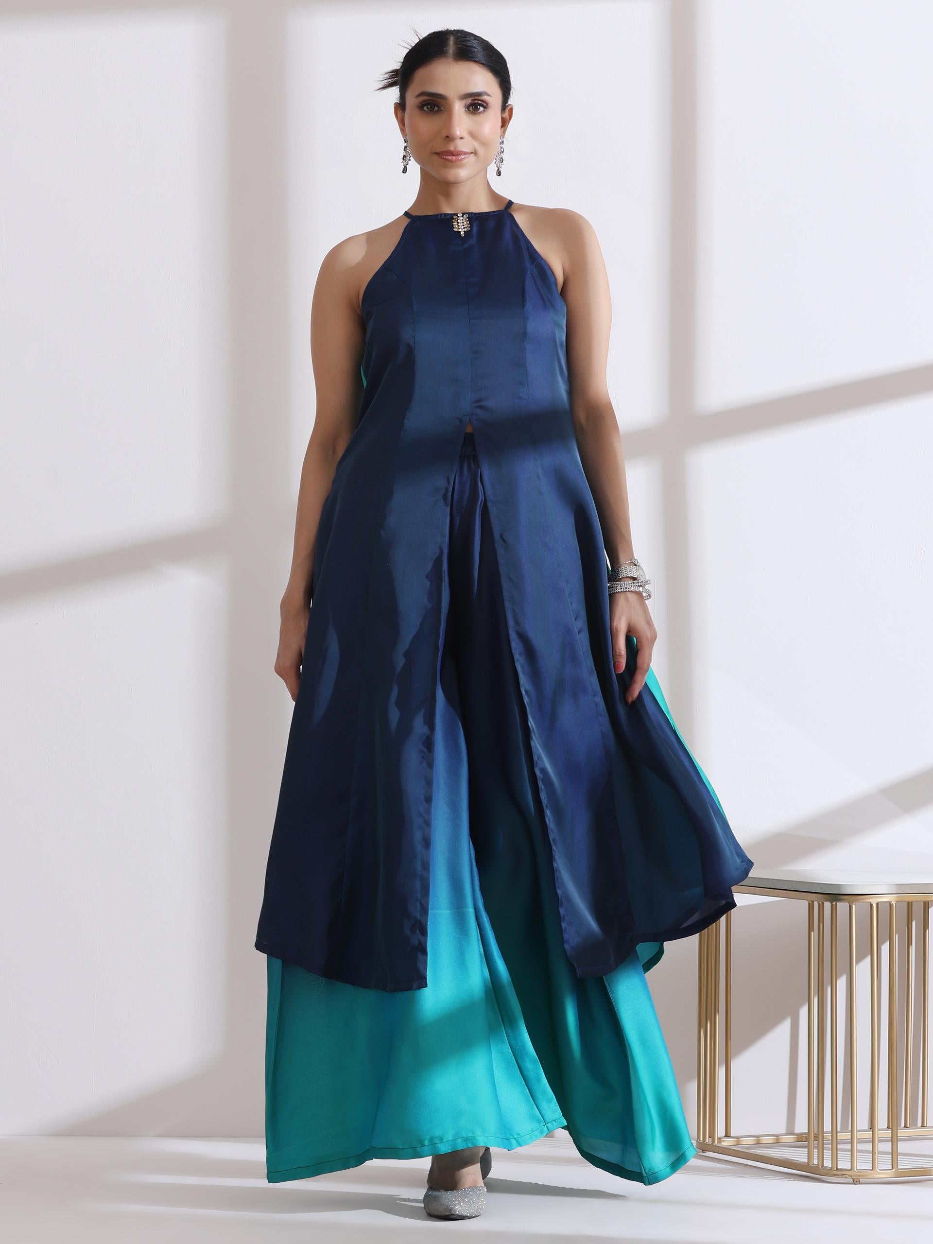 Women's Green Blue Chiffon Satin Ombre Halter Kurta with Beads and Palazzo Pants 2 Piece Set | Straight Fit, Halter Neck, Sleeveless, Festive Wear, (Chiffon Satin)