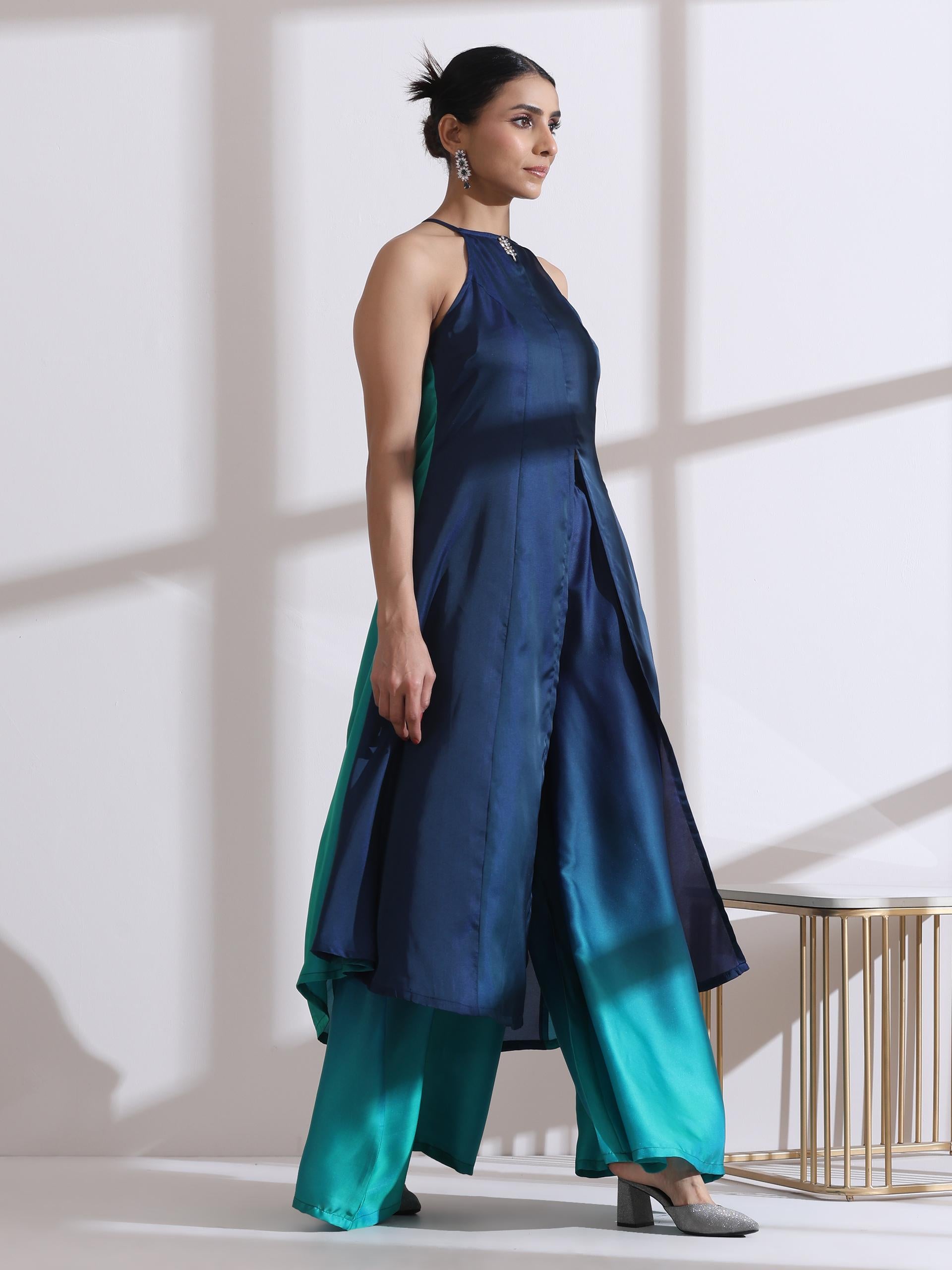 Women's Green Blue Chiffon Satin Ombre Halter Kurta with Beads and Palazzo Pants 2 Piece Set | Straight Fit, Halter Neck, Sleeveless, Festive Wear, (Chiffon Satin)