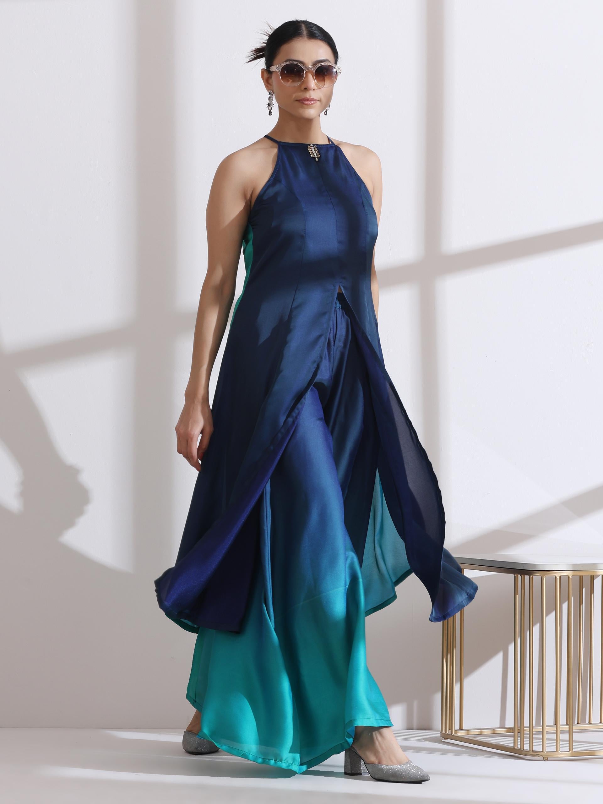 Women's Green Blue Chiffon Satin Ombre Halter Kurta with Beads and Palazzo Pants 2 Piece Set | Straight Fit, Halter Neck, Sleeveless, Festive Wear, (Chiffon Satin)