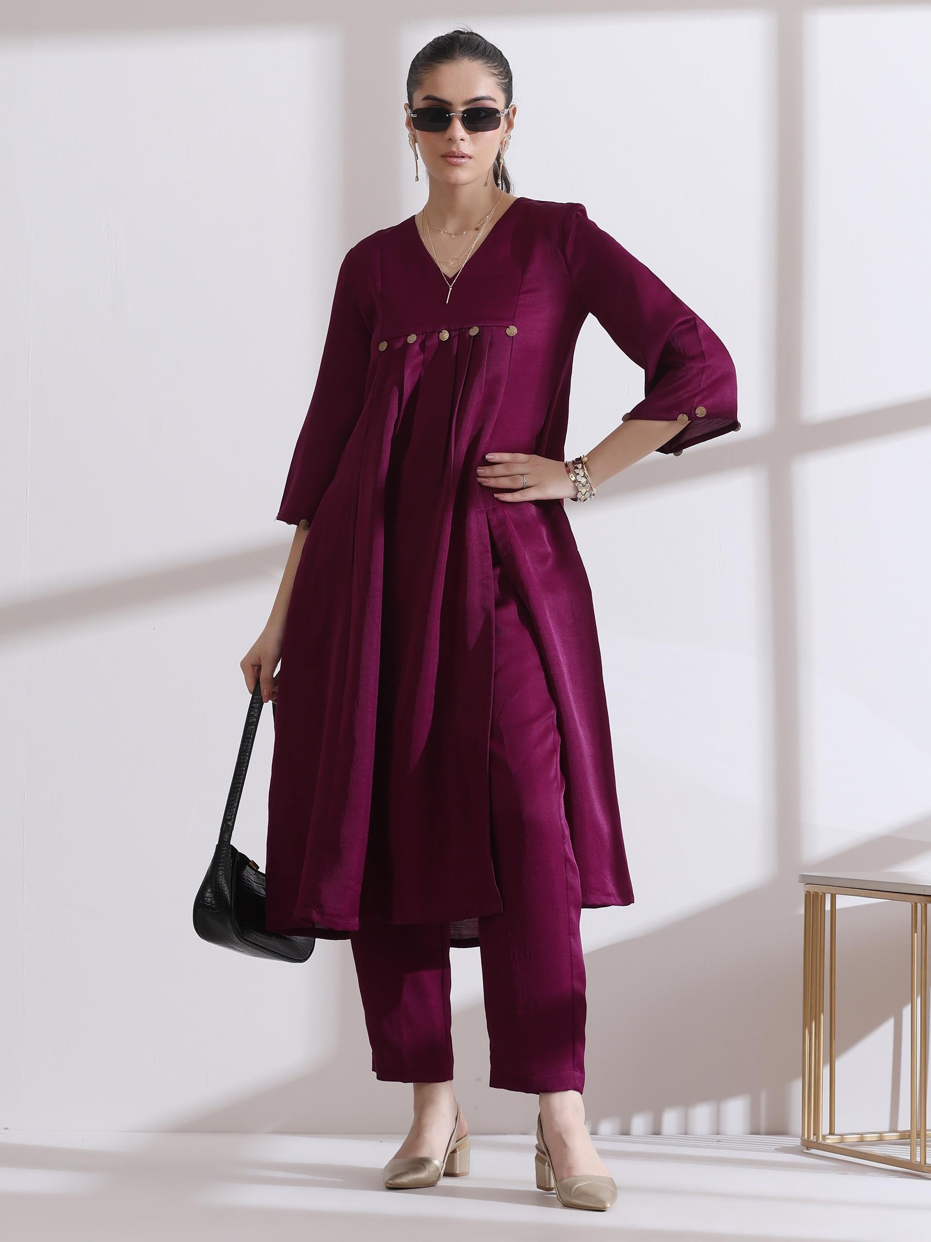 Women's Plum Purple Kurta Set with Coin Detailing and Pants 2 Piece Set | A-Line, V Neck, 3/4 Sleeves, Pants, Work Wear, (Lux Fabric)