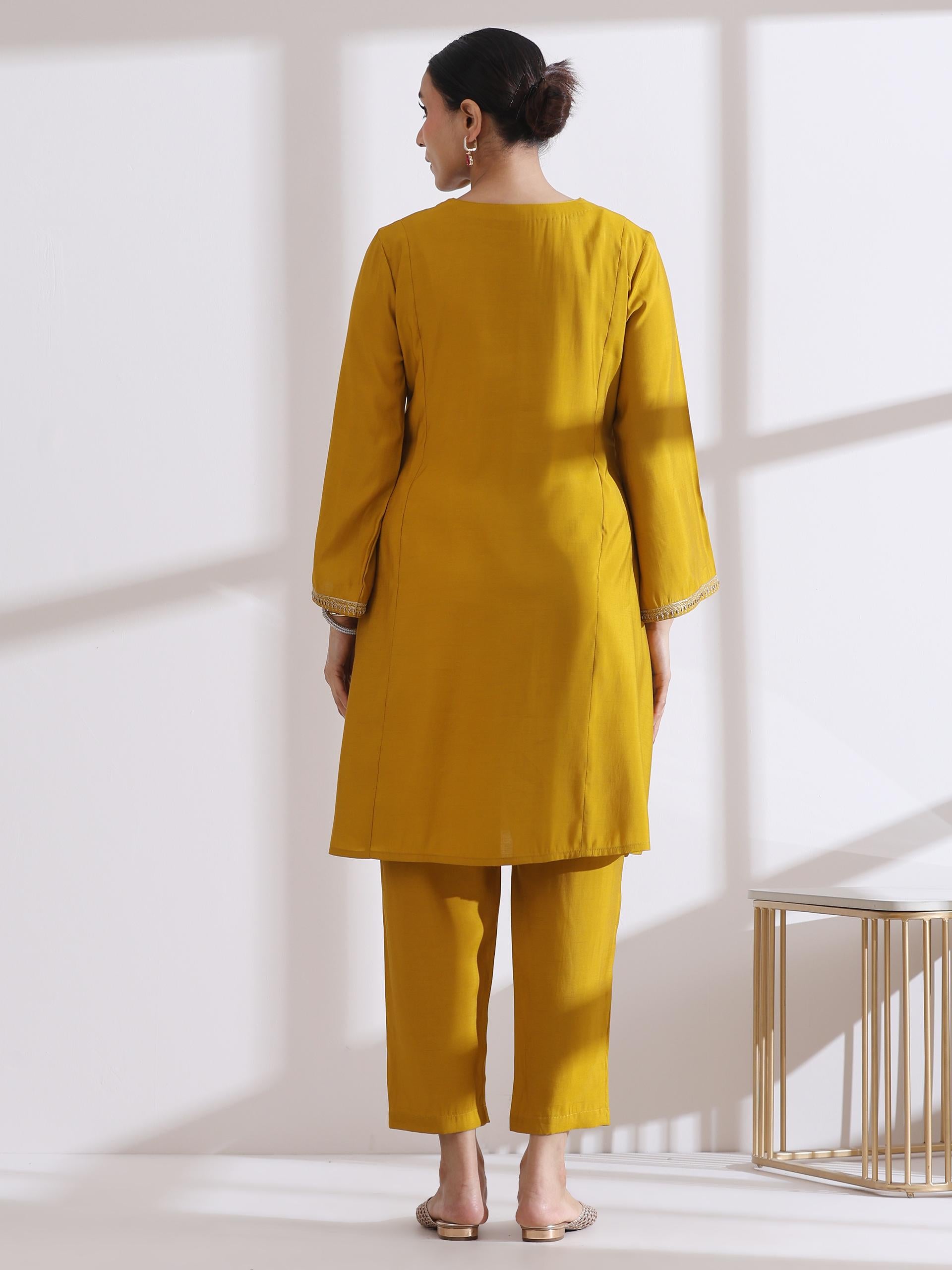 Women's Mustard Kurta with Embroidery and Pants 2 Piece Set | A-Line, Round Neck, 3/4 Sleeves, Pants, Work Wear, (AirSkin Cotton Silk Blend)