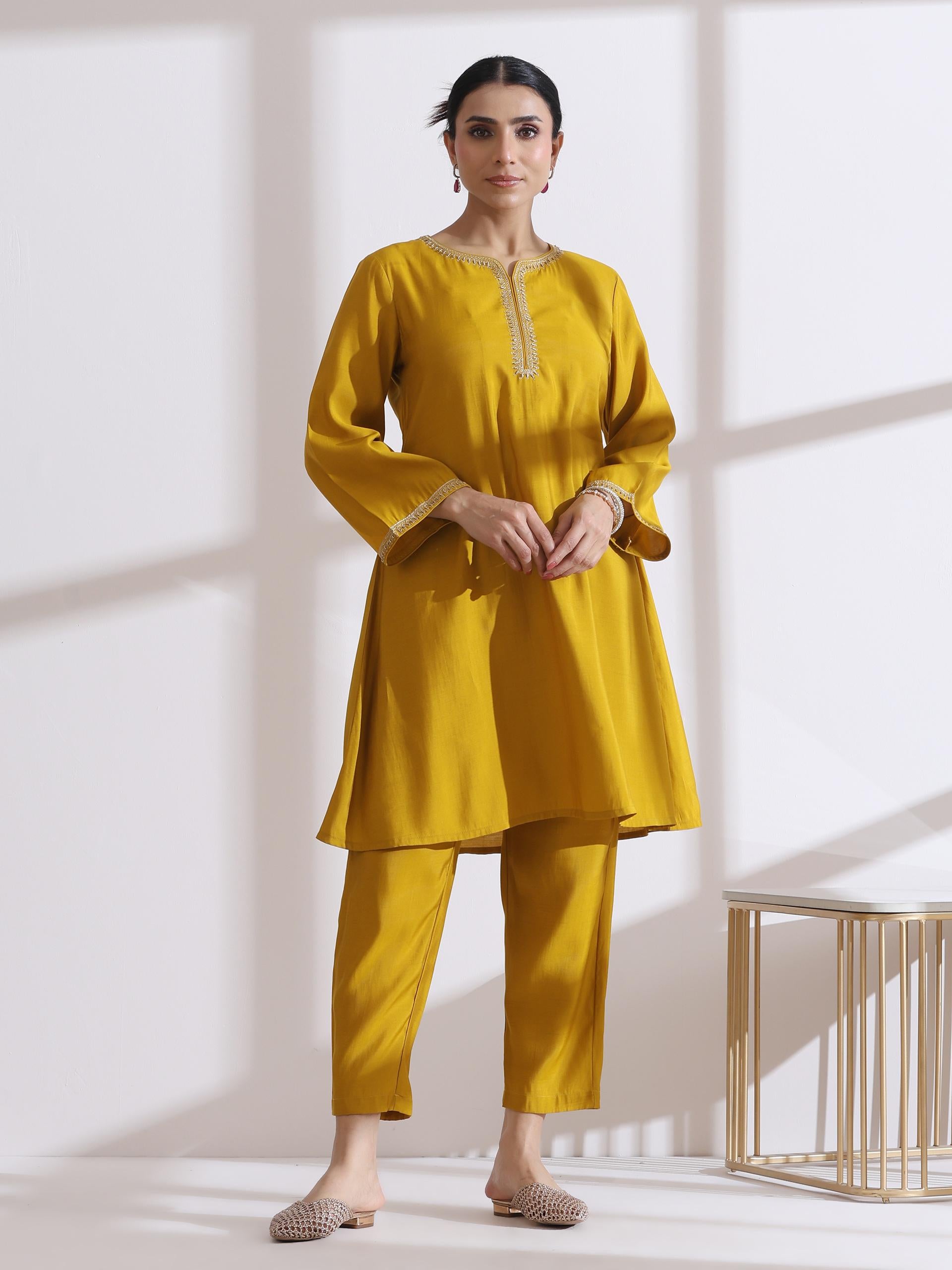 Women's Mustard Kurta with Embroidery and Pants 2 Piece Set | A-Line, Round Neck, 3/4 Sleeves, Pants, Work Wear, (AirSkin Cotton Silk Blend)