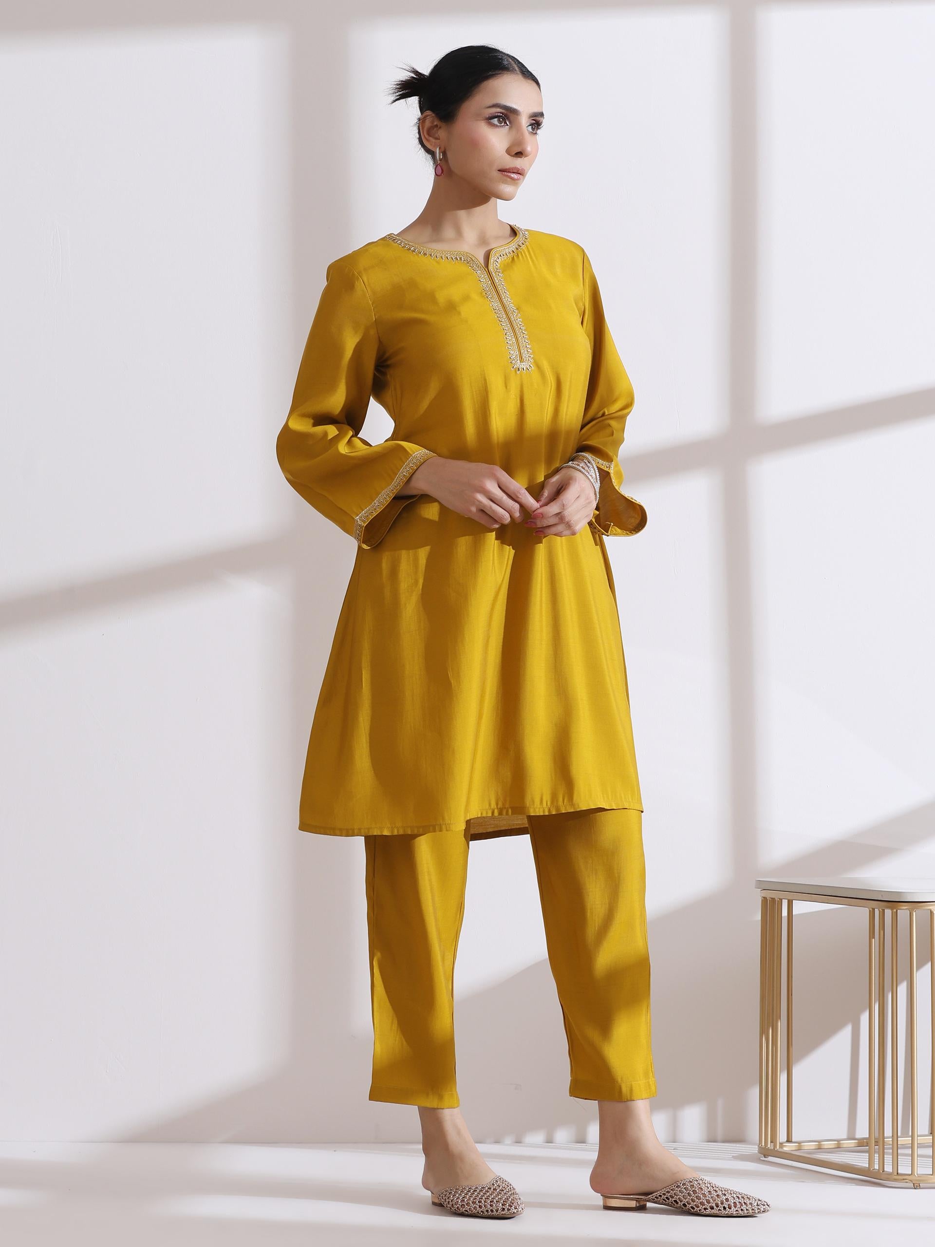 Women's Mustard Kurta with Embroidery and Pants 2 Piece Set | A-Line, Round Neck, 3/4 Sleeves, Pants, Work Wear, (AirSkin Cotton Silk Blend)