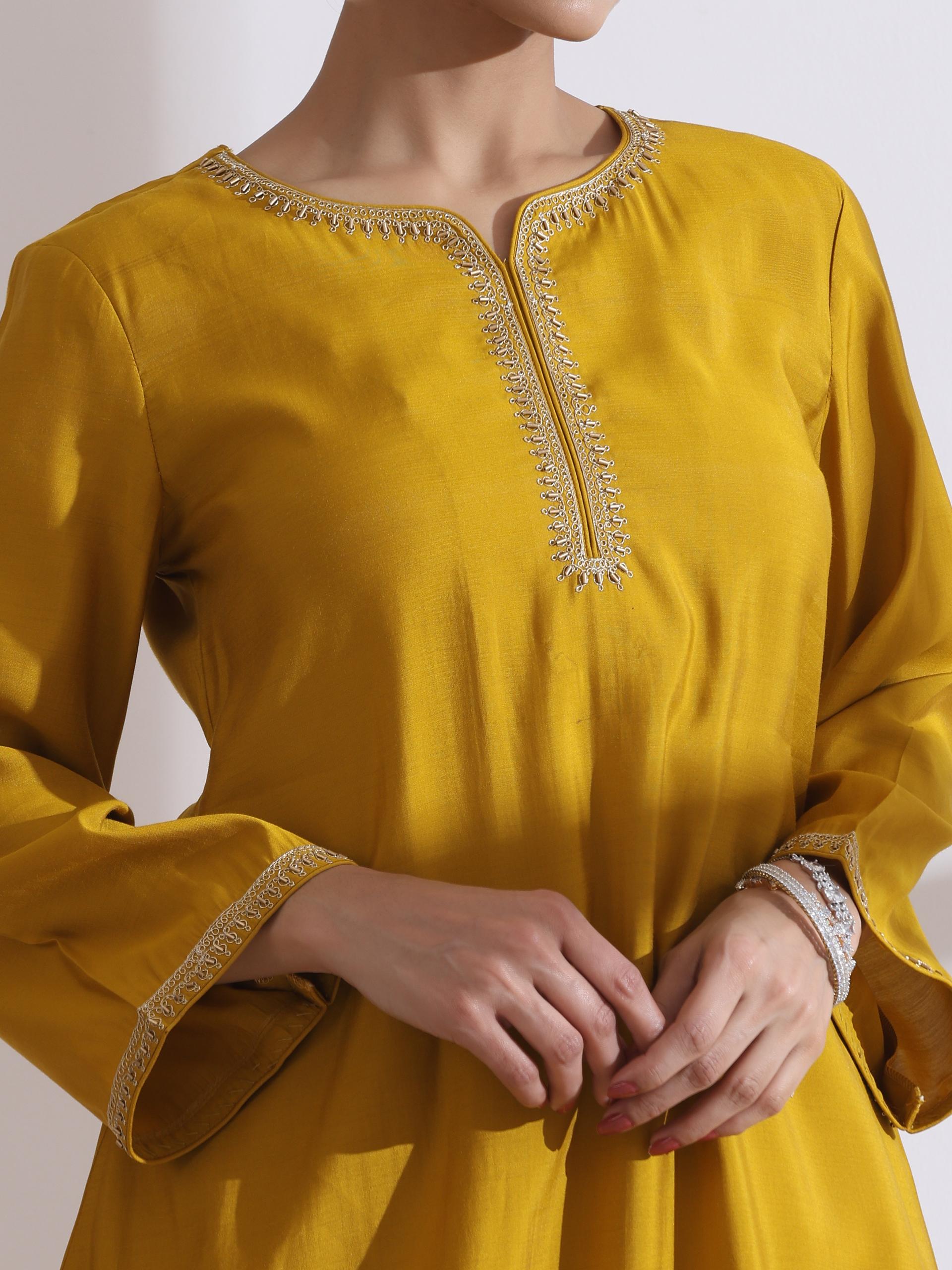 Women's Mustard Kurta with Embroidery and Pants 2 Piece Set | A-Line, Round Neck, 3/4 Sleeves, Pants, Work Wear, (AirSkin Cotton Silk Blend)