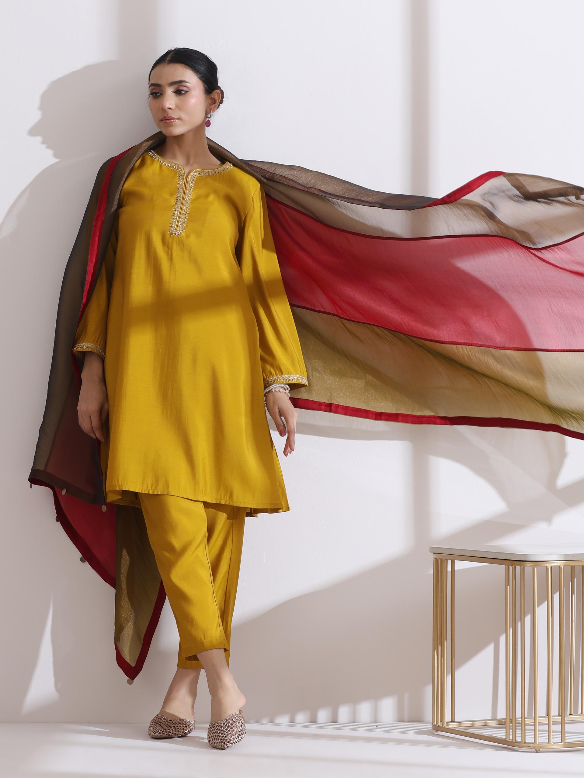 Women's Mustard Kurta with Embroidery and Pants 2 Piece Set | A-Line, Round Neck, 3/4 Sleeves, Pants, Work Wear, (AirSkin Cotton Silk Blend)