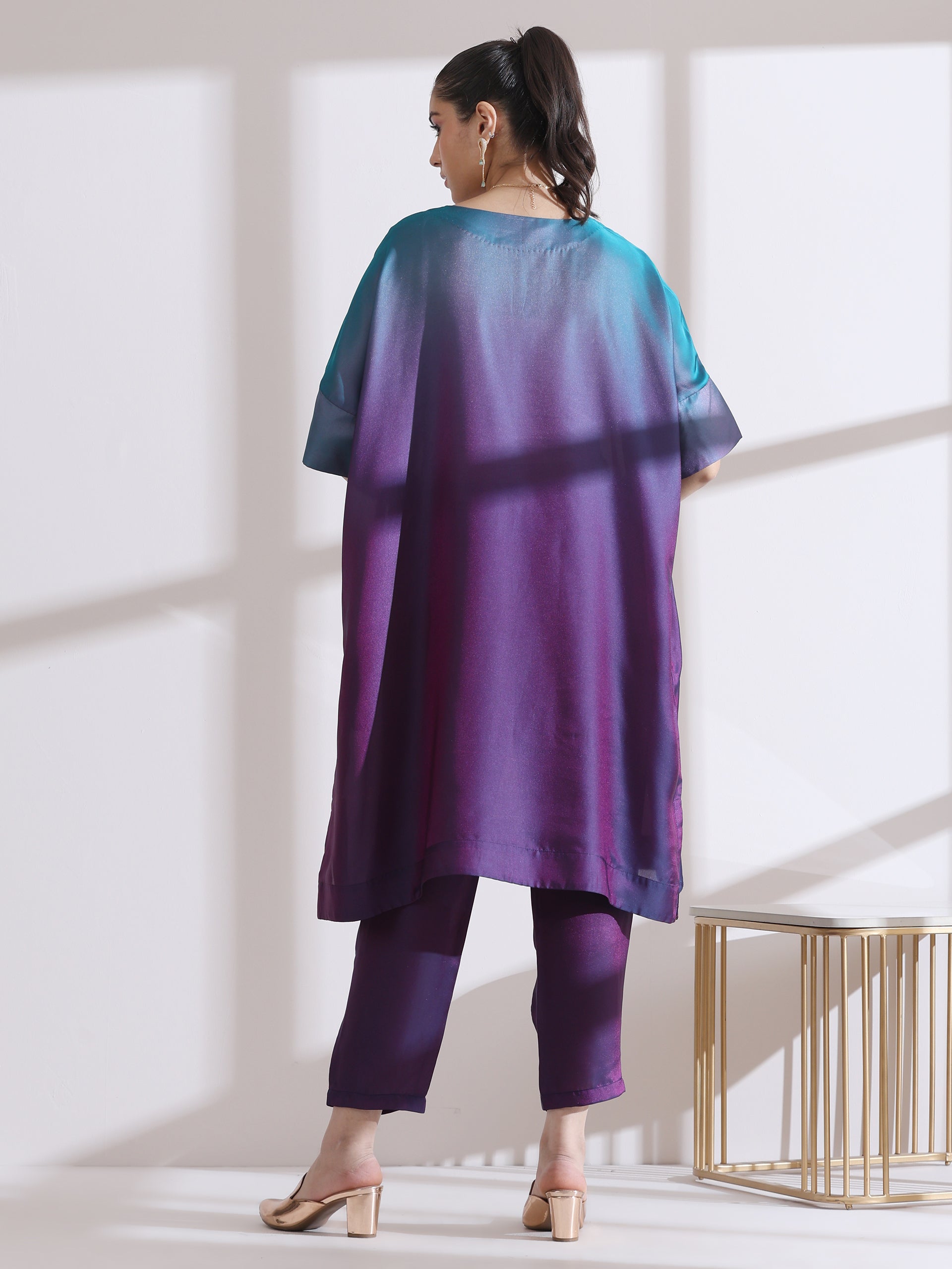 Women's Soft Chiffon Satin Rarity Ombre Kurta 1 Piece | Straight Fit, Round Neck, 3/4 Sleeves, Partywear, (Chiffon Satin)