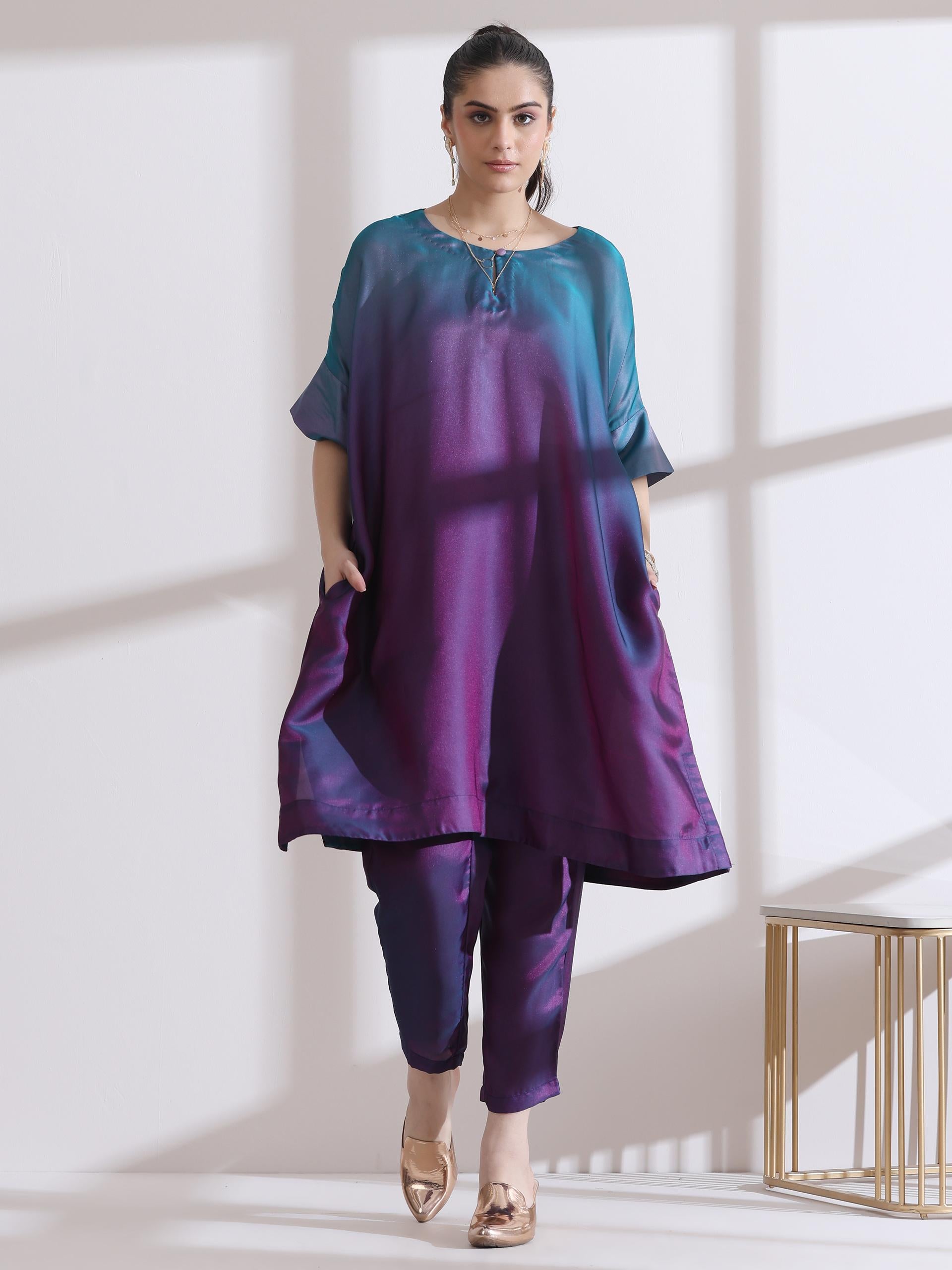Women's Soft Chiffon Satin Rarity Ombre Kurta with Pants 2 Piece Set | A-Line, Round Neck, 3/4 Sleeves, Workwear, Partywear, (Chiffon Satin)