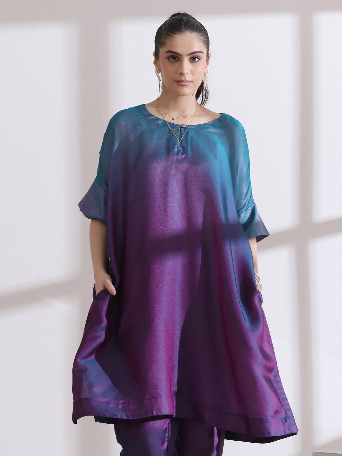 Women's Soft Chiffon Satin Rarity Ombre Kurta 1 Piece | Straight Fit, Round Neck, 3/4 Sleeves, Partywear, (Chiffon Satin)