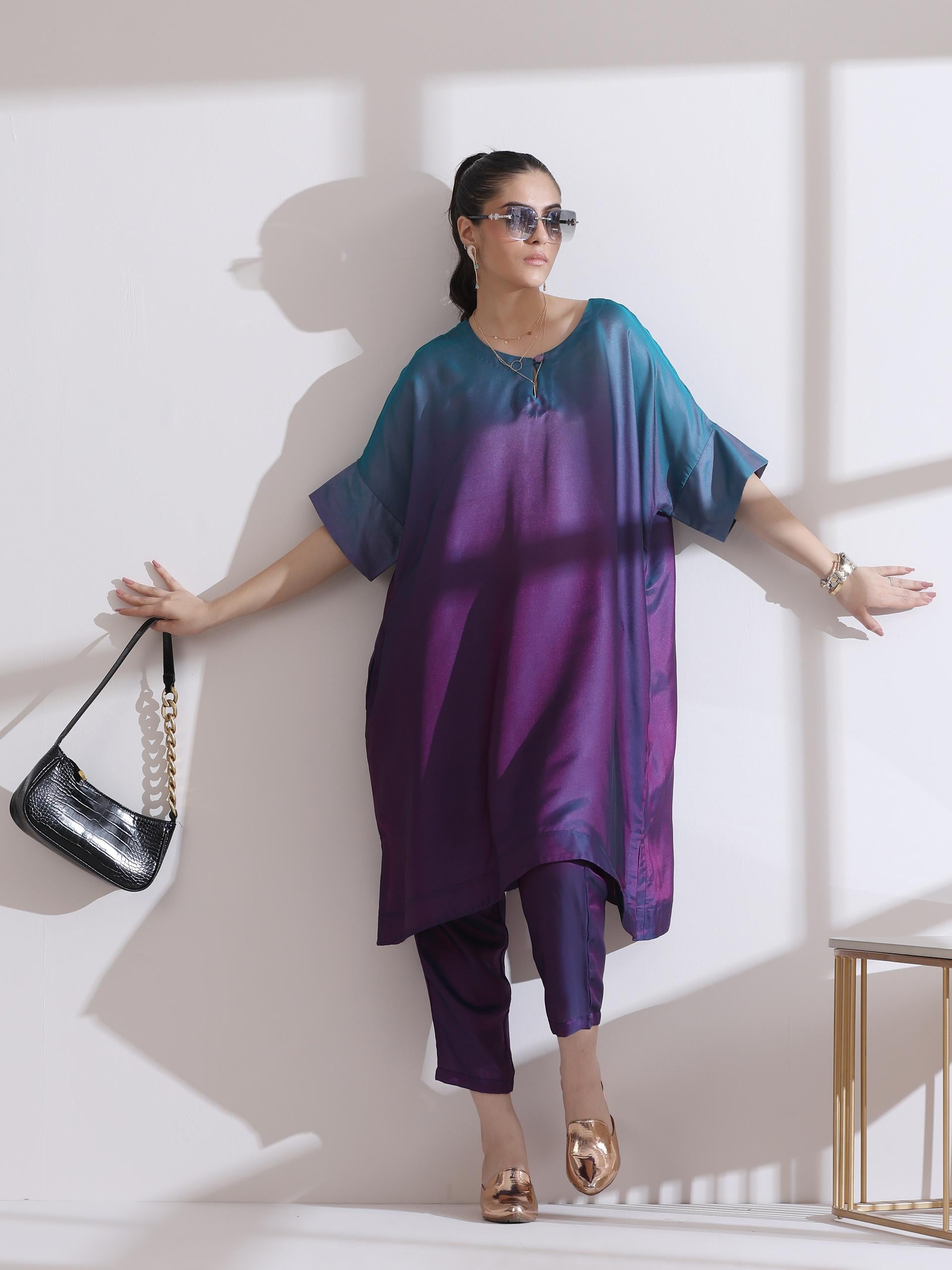 Women's Soft Chiffon Satin Rarity Ombre Kurta with Pants 2 Piece Set | A-Line, Round Neck, 3/4 Sleeves, Workwear, Partywear, (Chiffon Satin)