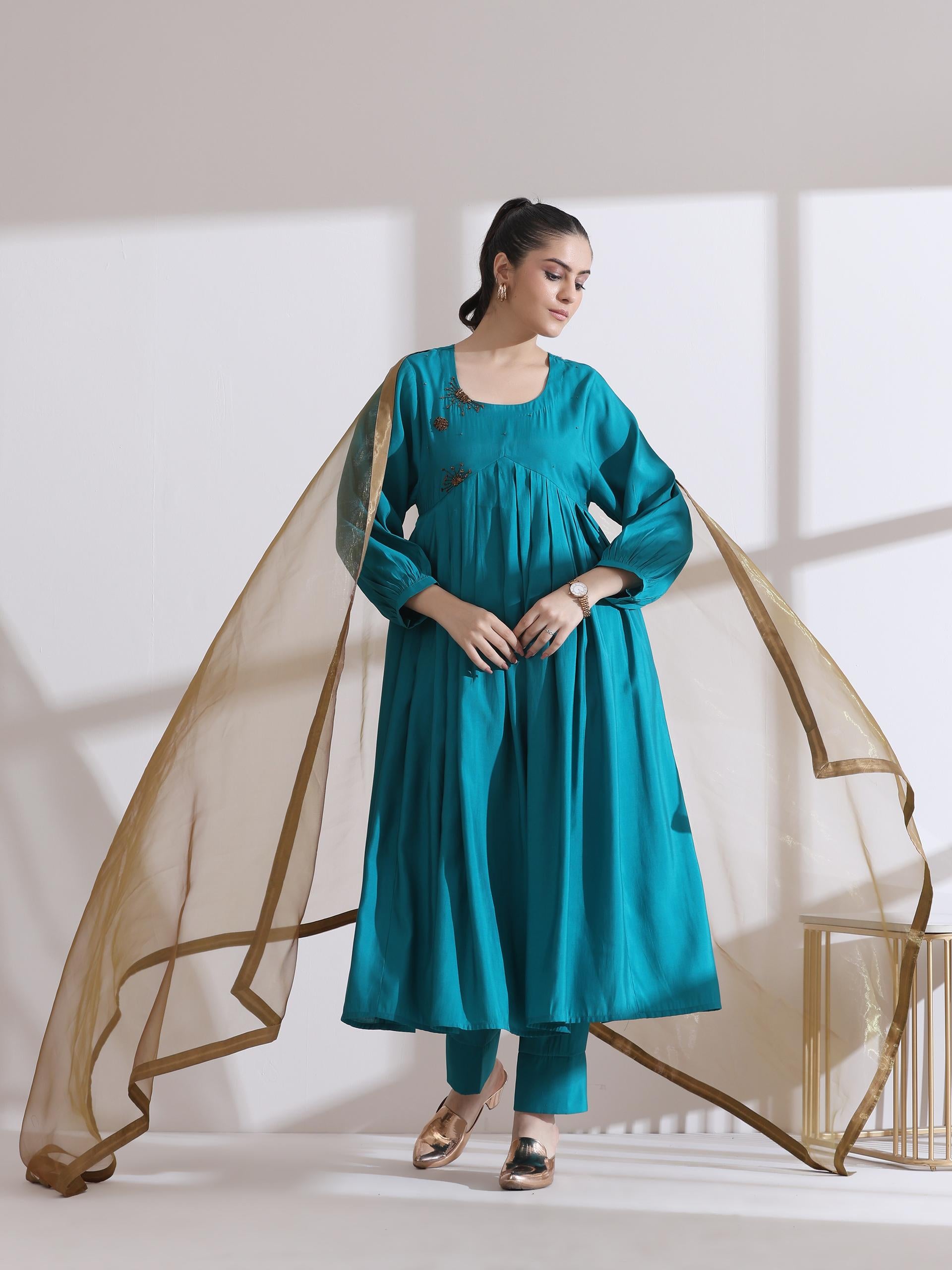 Women's Aqua Blue Anarkali Embroidered Kurta with Pants 2 Piece Set | Anarkali, Round Neck, 3/4 Sleeves, Workwear, Festive Wear, (AirSkin Cotton Silk Blend)