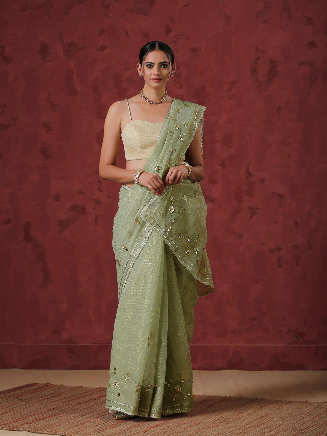 Tea Green Kota Hand Embroidered Gota Patti Saree