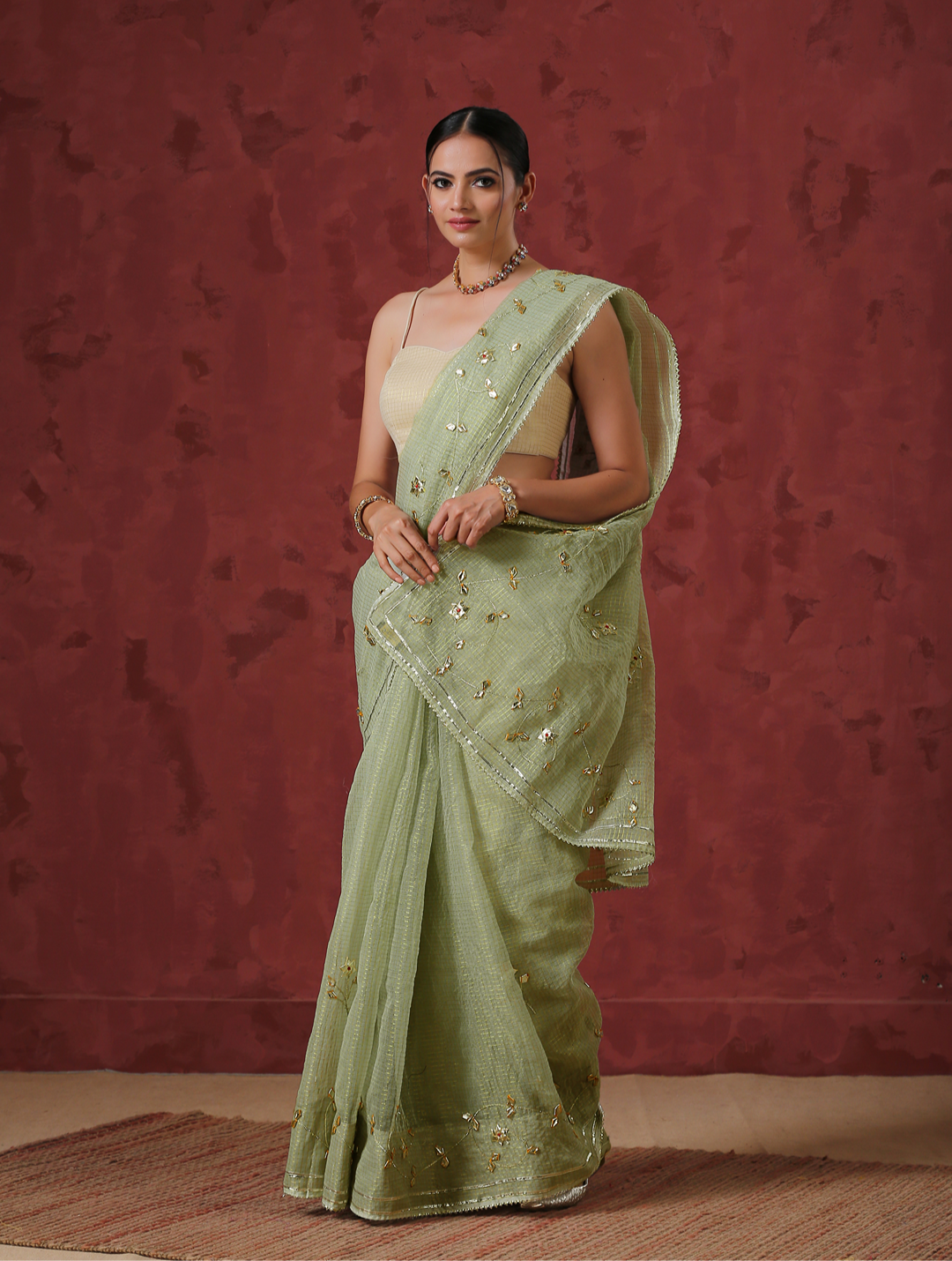 Tea Green Kota Hand Embroidered Gota Patti Saree