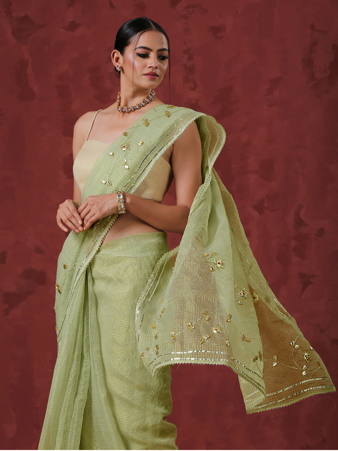 Tea Green Kota Hand Embroidered Gota Patti Saree