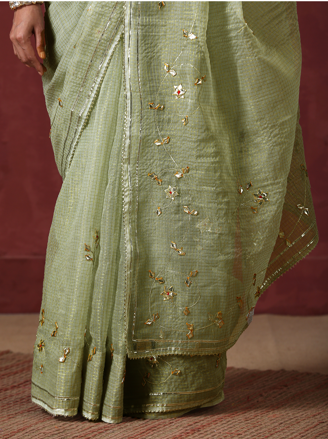 Tea Green Kota Hand Embroidered Gota Patti Saree