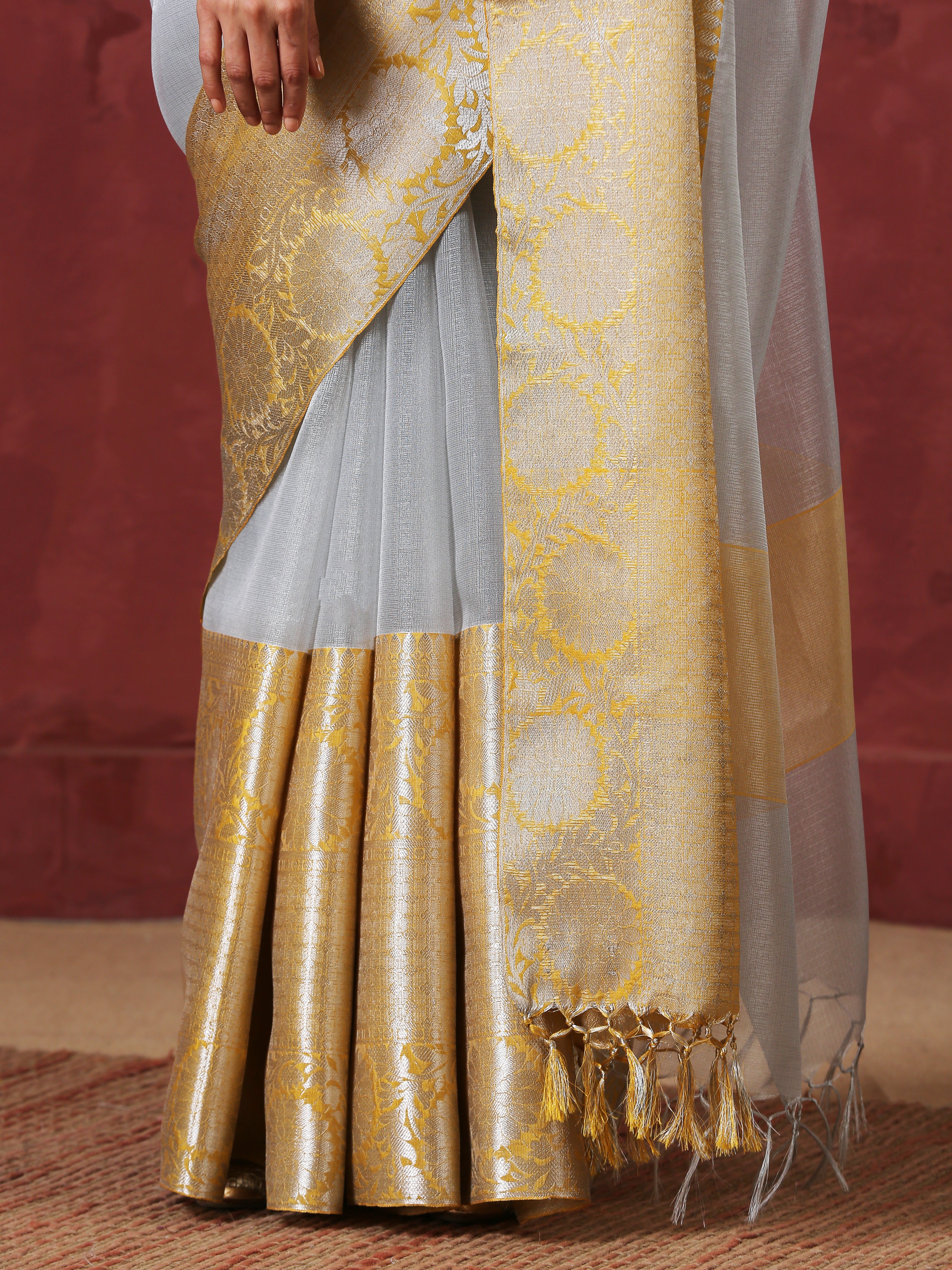 Silver Tissue Yellow Border Silk Blend Saree with Blouse Fabric