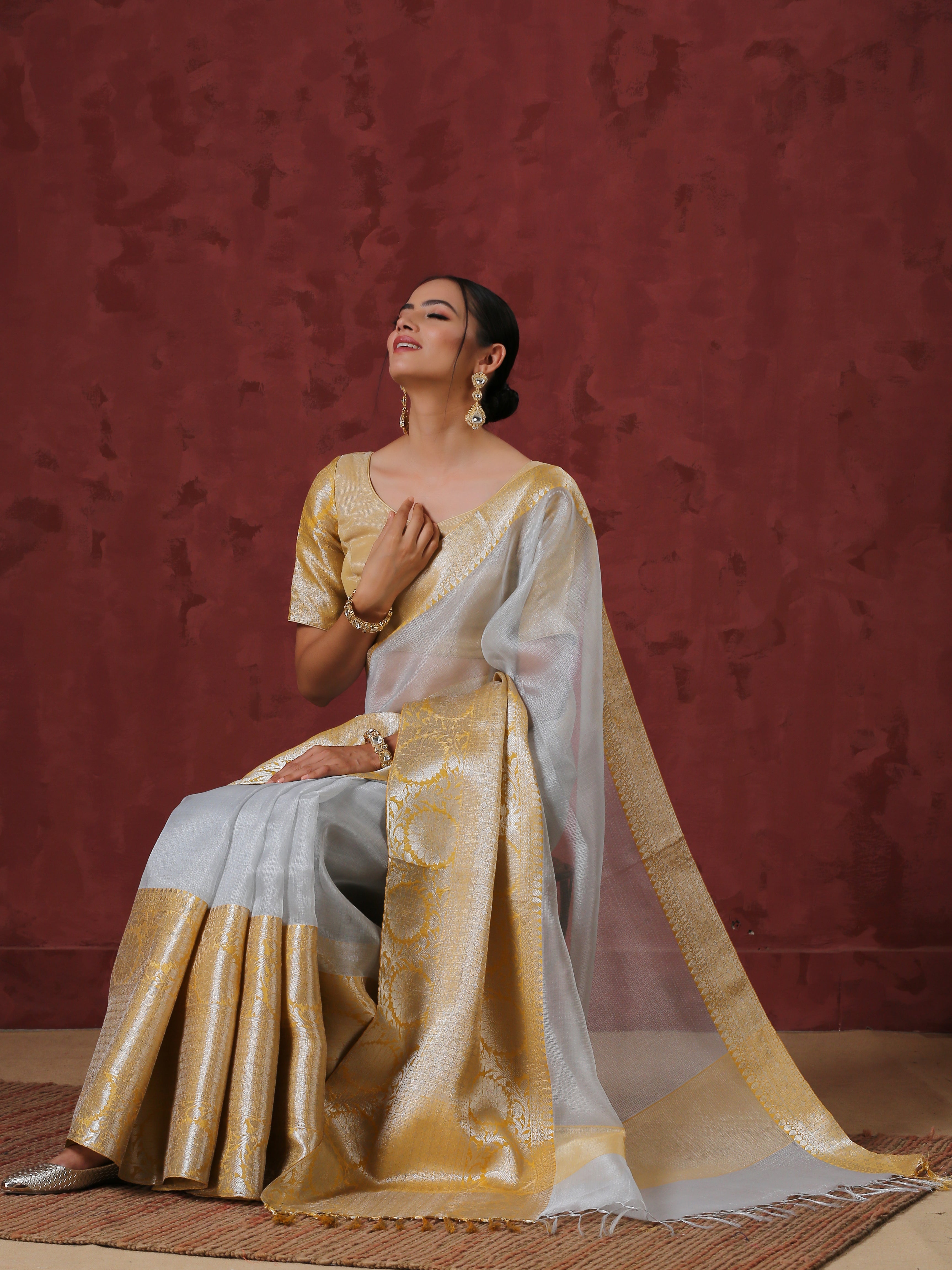 Silver Tissue Yellow Border Silk Blend Saree with Blouse Fabric