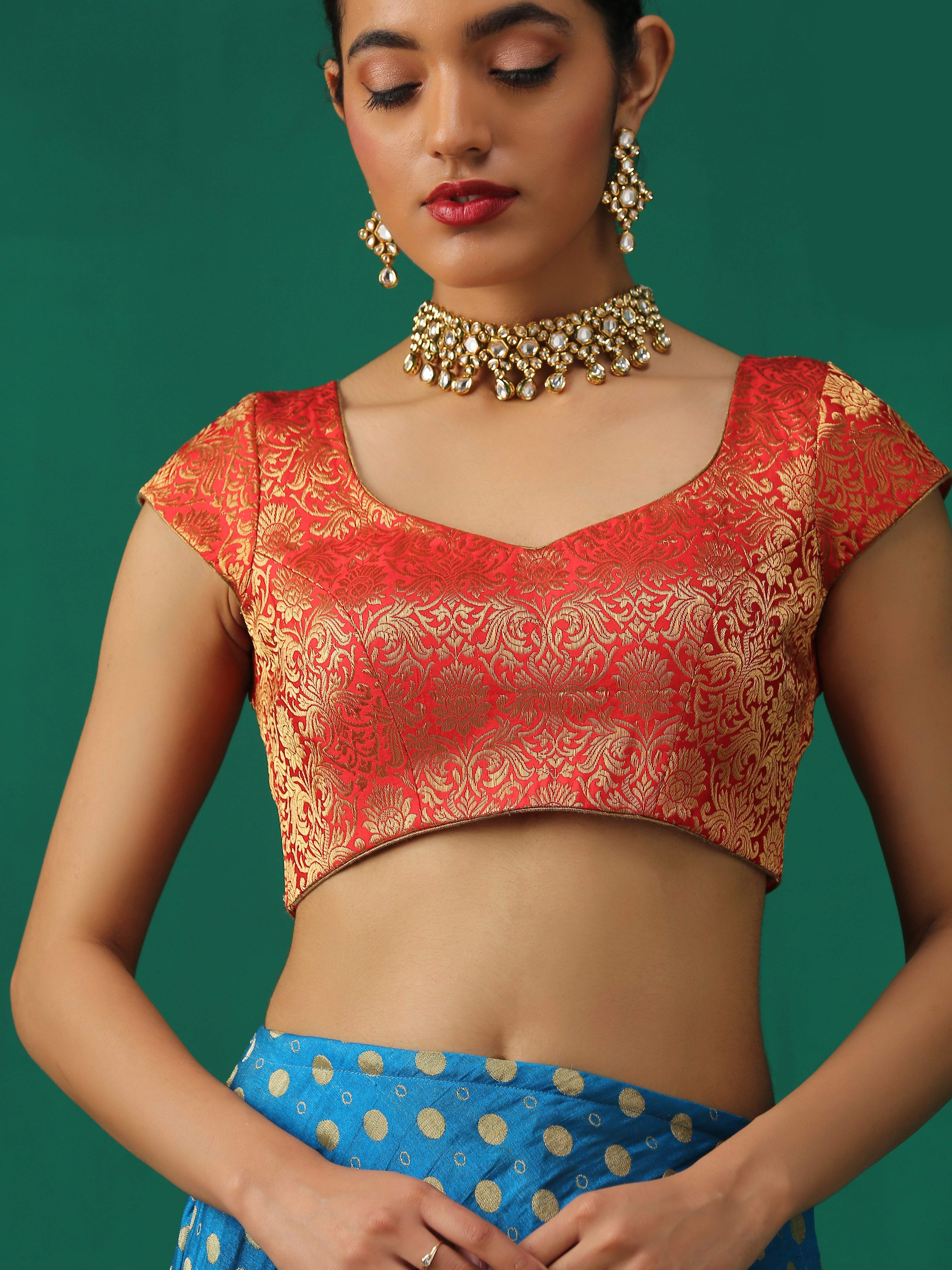 Red & Gold Brocade Blouse with Cap Sleeves