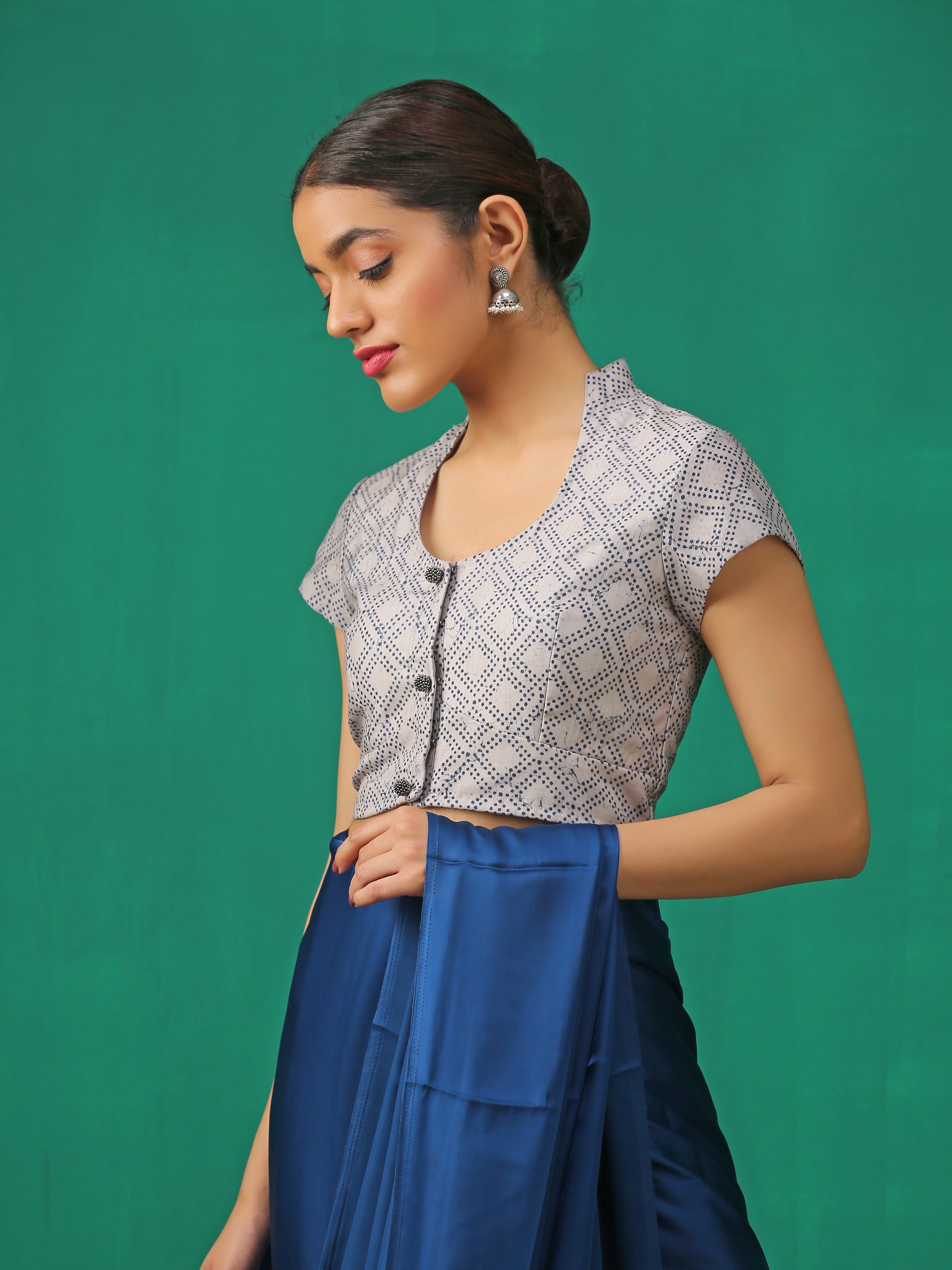 Blue Marble Print Cap Sleeve Blouse