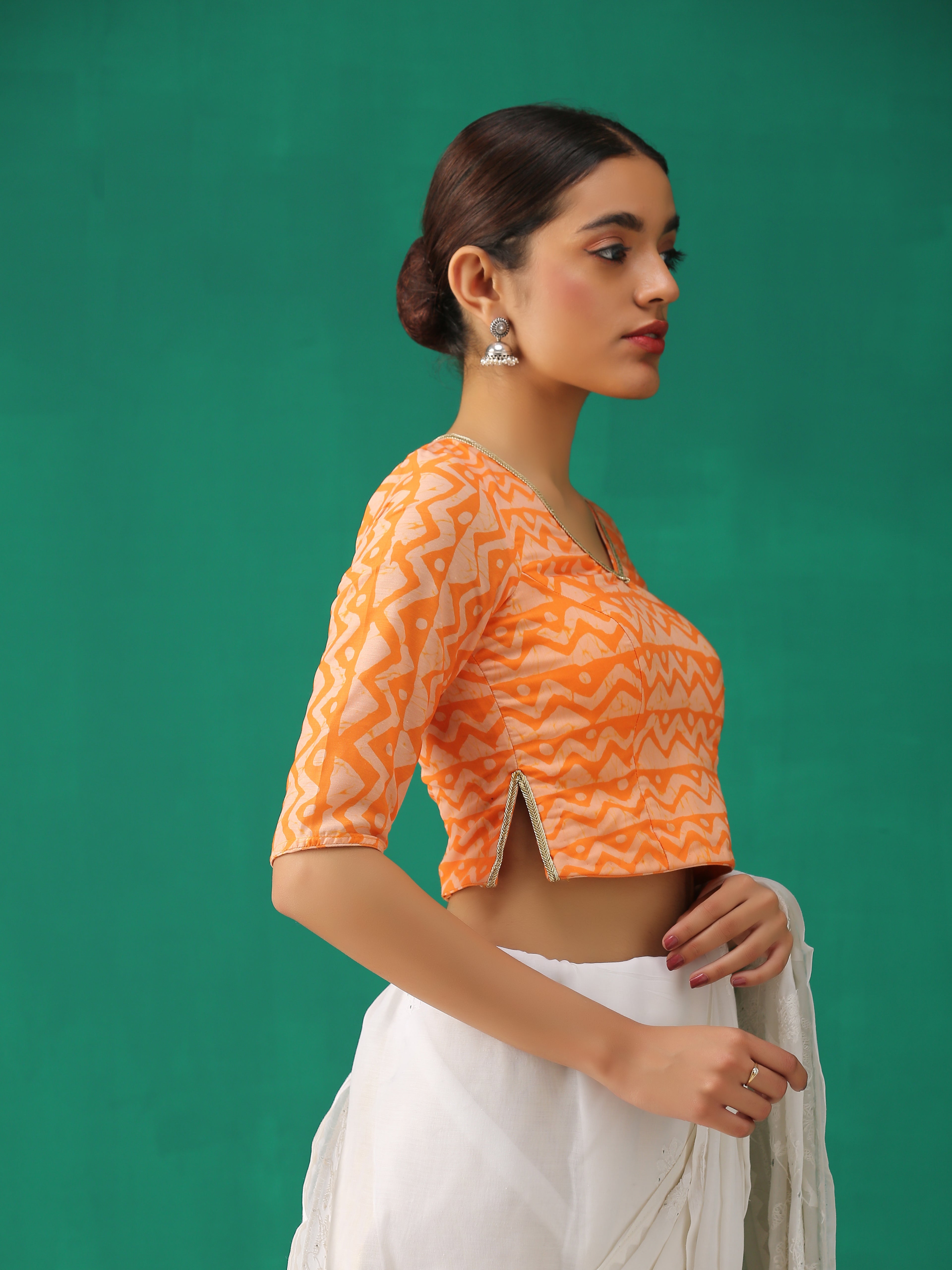 Orange Batik Print Choli Cutwork Blouse