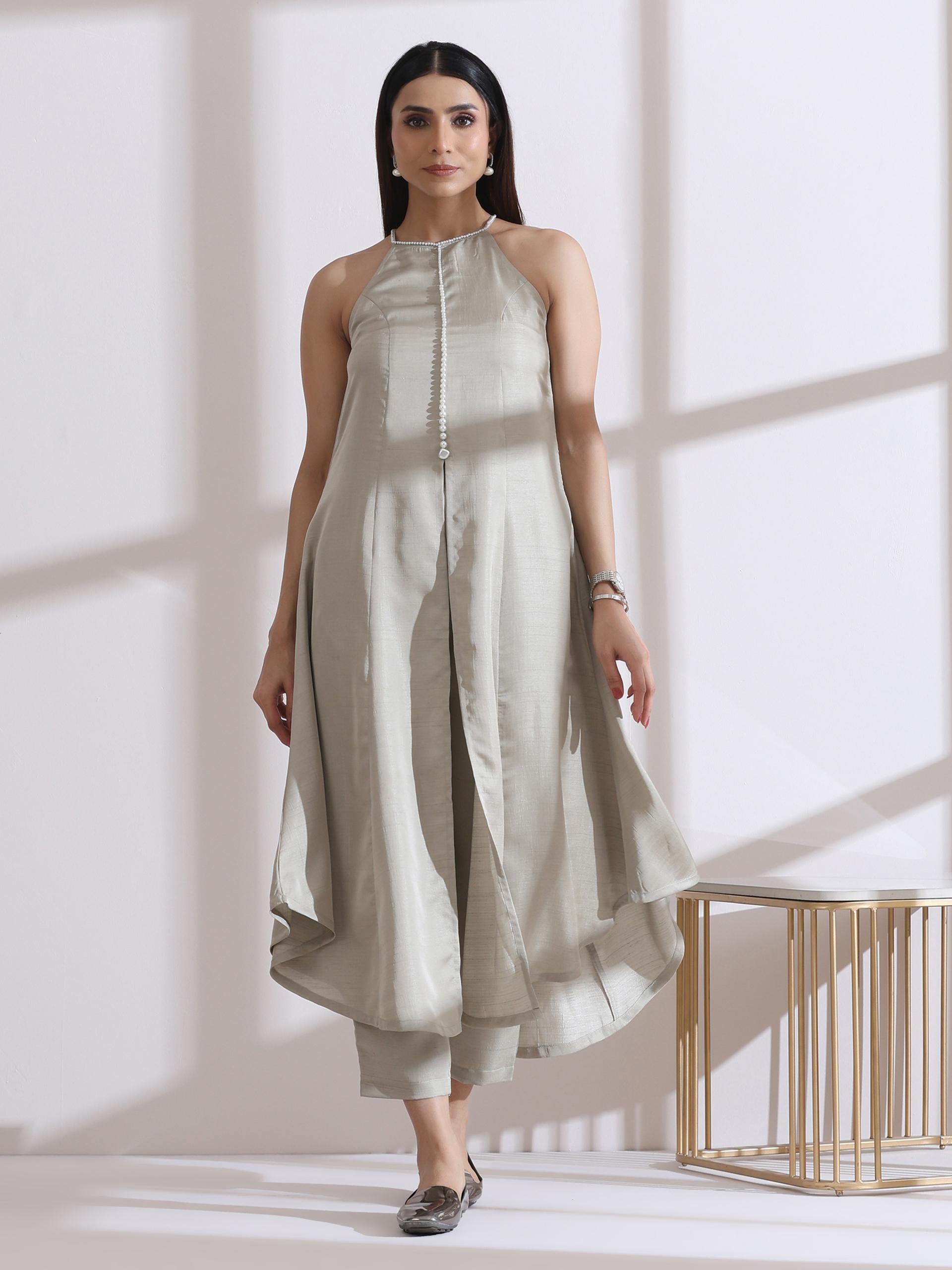 2 Pc Set - Prf'T Lux Sage Pearl Halter Kurta With Pants