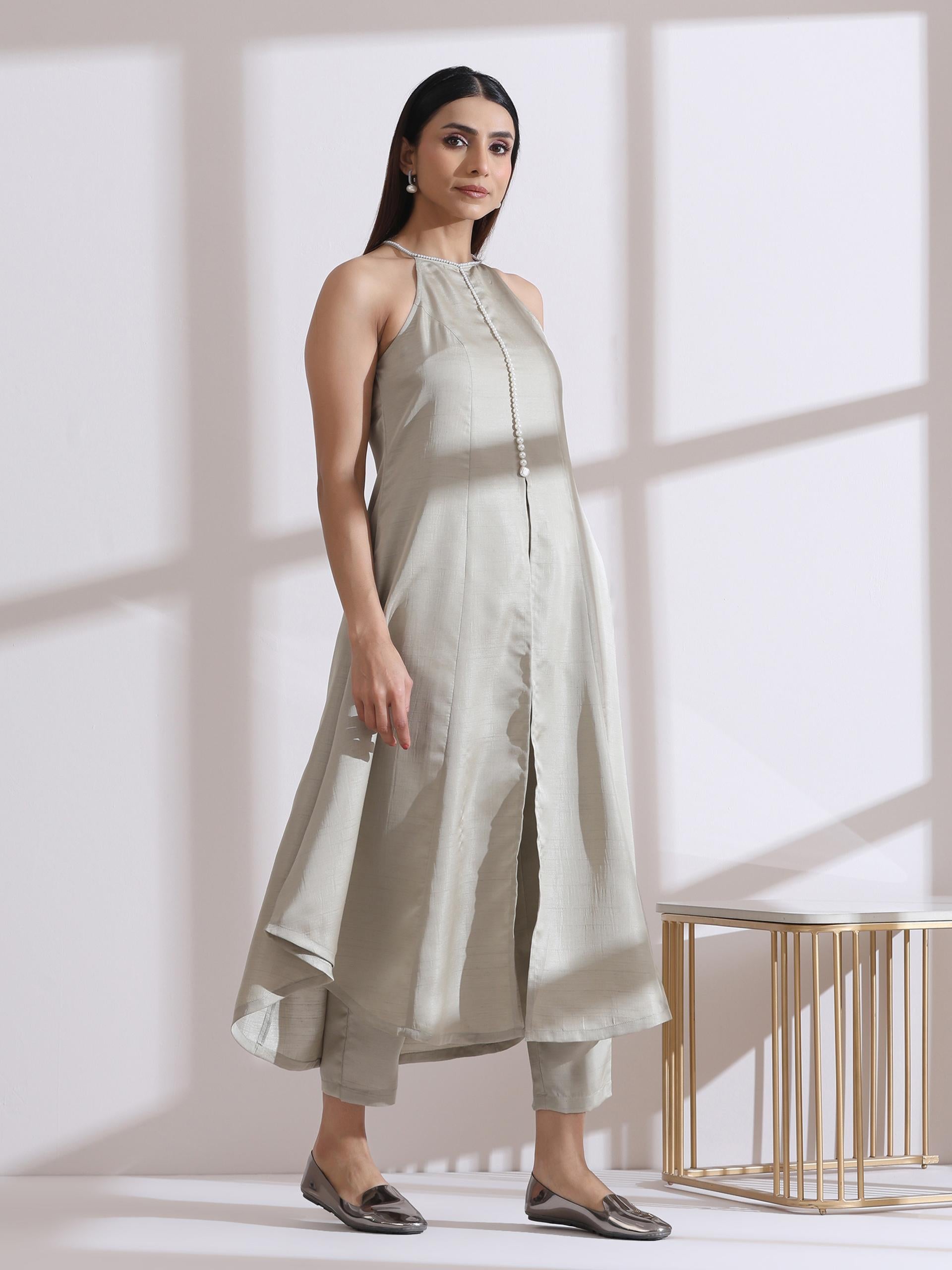 2 Pc Set - Prf'T Lux Sage Pearl Halter Kurta With Pants